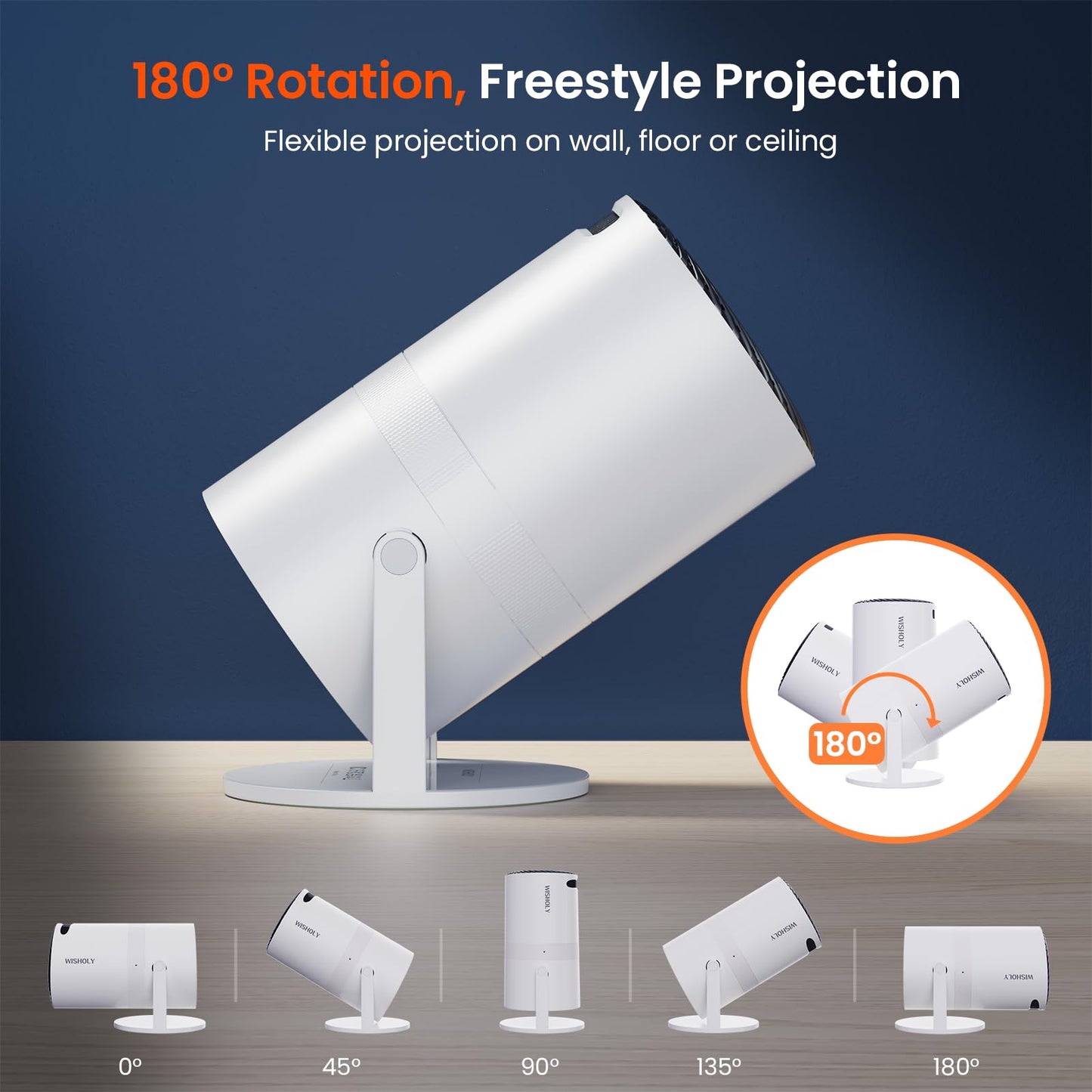 WISHOLY Mini Projector with WiFi and Bluetooth, Portable Movie Projector with 180° Rotatable, 1080P HD Supported, Auto Vertical Keystone, Compatible with Smartphone, TV Stick, Laptop, HDMI, USB