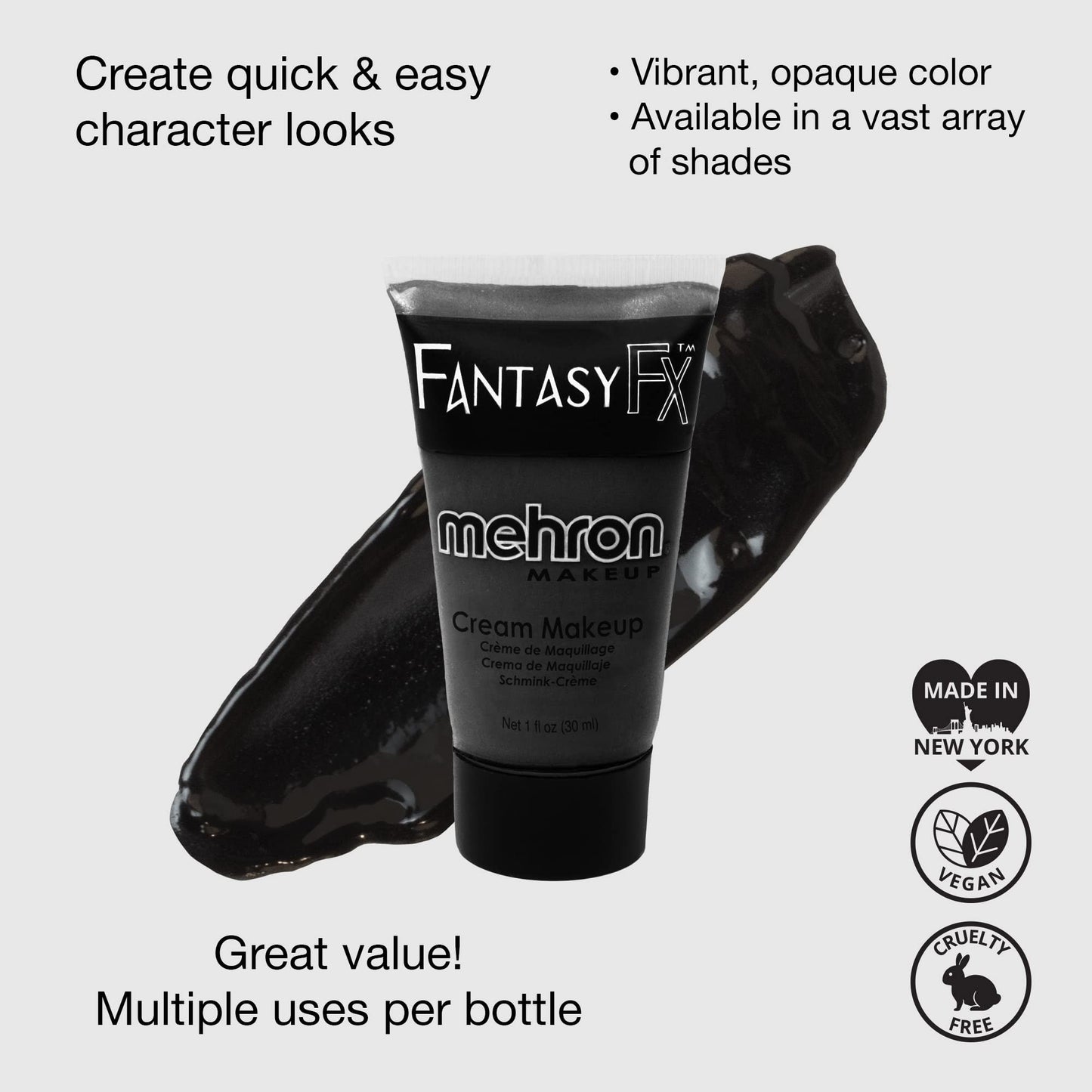 Mehron Makeup Fantasy FX Cream Makeup | Water Based | Halloween | Black Face & Body Paint For Adults 1 fl oz (30ml) (Black)