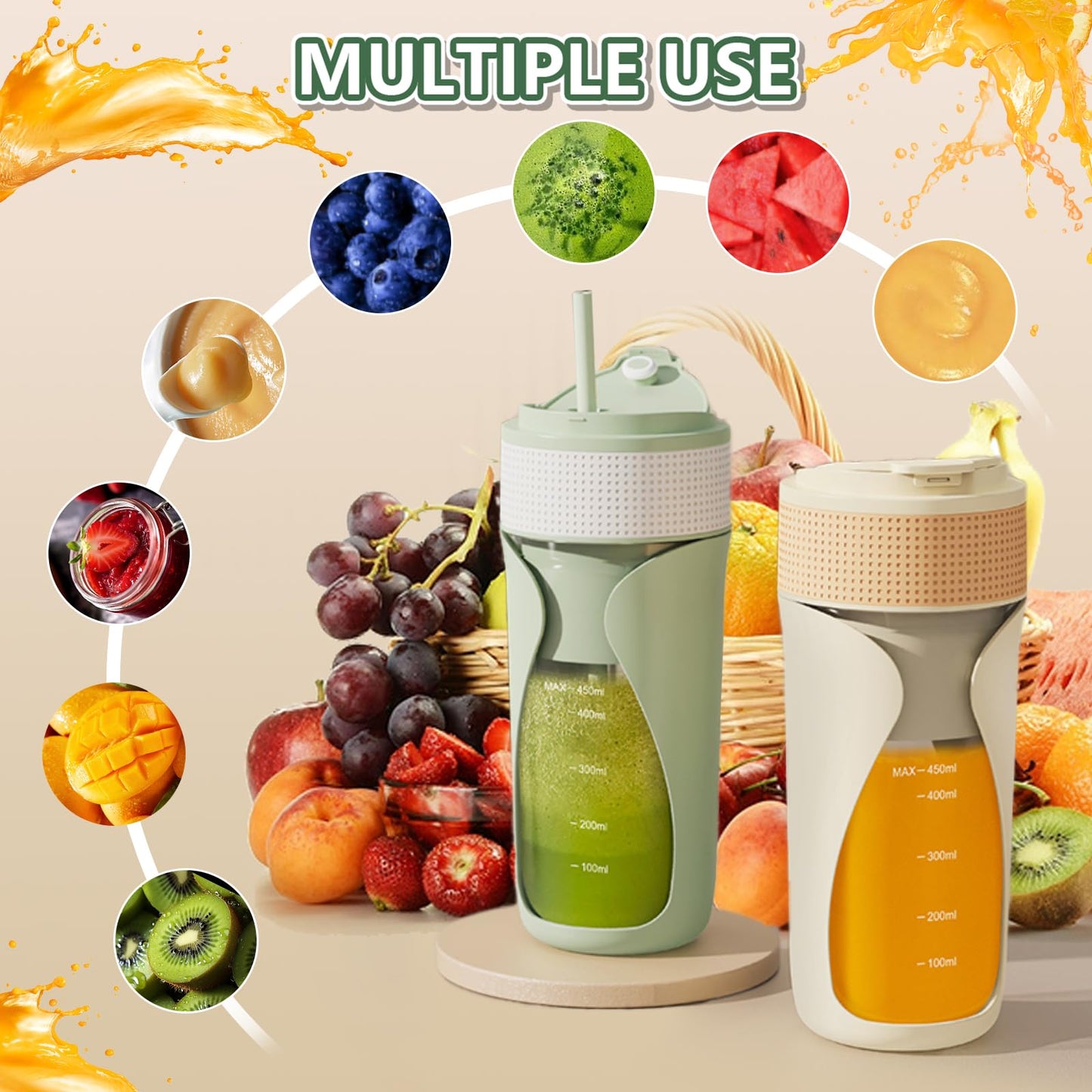 Portable Blender Cup 450ml Multi-Function Blender with Ice-Crushing,Strong Cutting Power with 6 Blades, BPA Free, USB-C Rechargeable,Fruit Veggie Juicer Cup for Home, Sport, Office