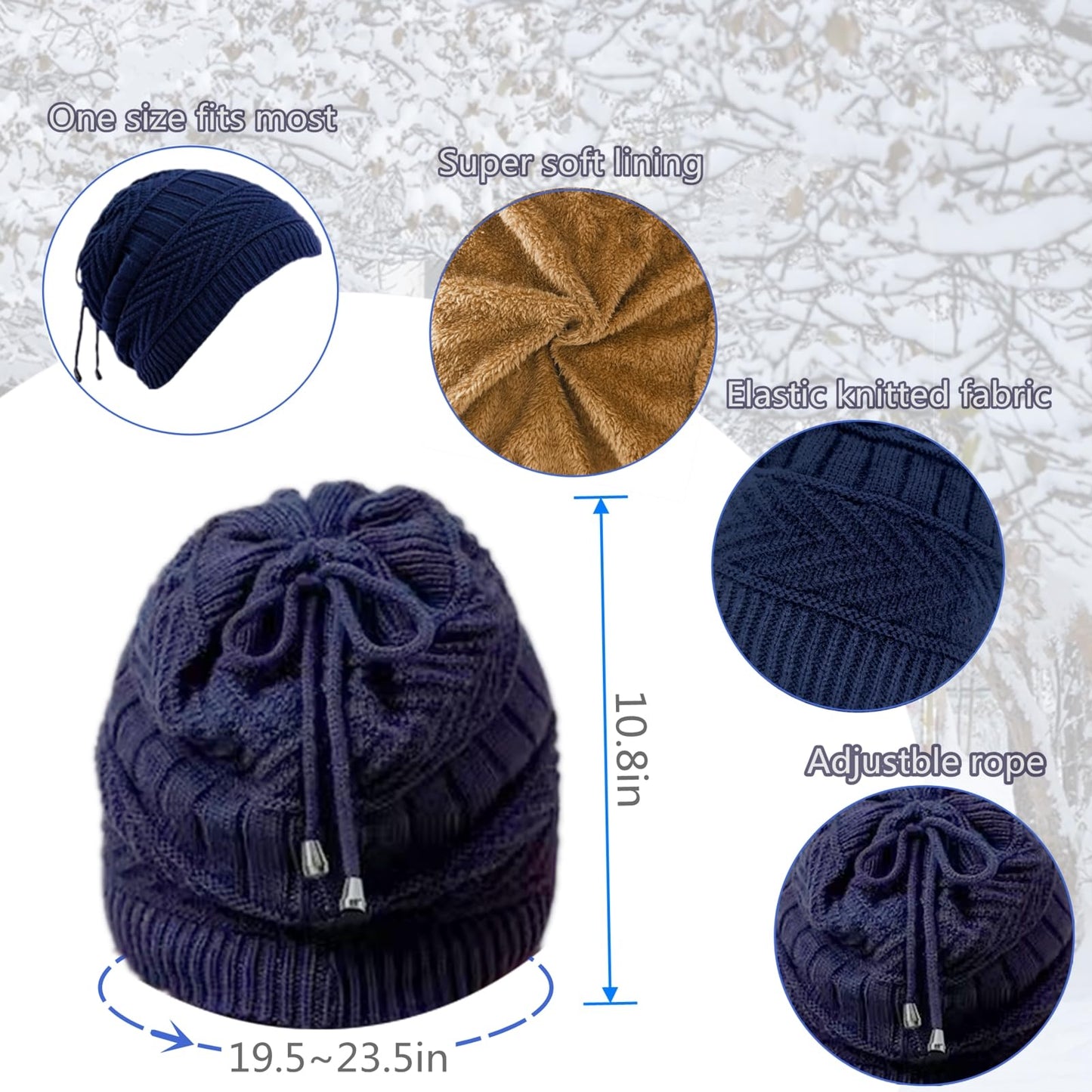 Windproof Warmer Winter Hat with Ponytail Hole,Adjustable Rope Ponytail Hat, Neck Gaiters Scarf Beanie for Women Men (Navy Blue)