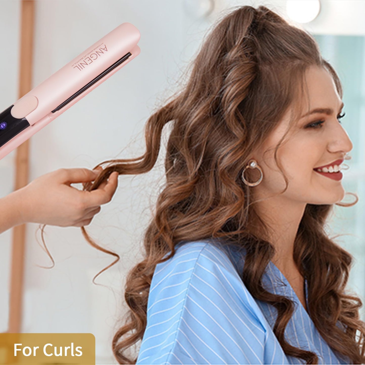 ANGENIL Pro Titanium Flat Iron Hair Straightener and Curler 2 in 1, Round Pink Dual Voltage Hair Straightener Irons with Heat Resistant Silicone Mat Hot Tools, Large LCD Display, 20S Fast Heating