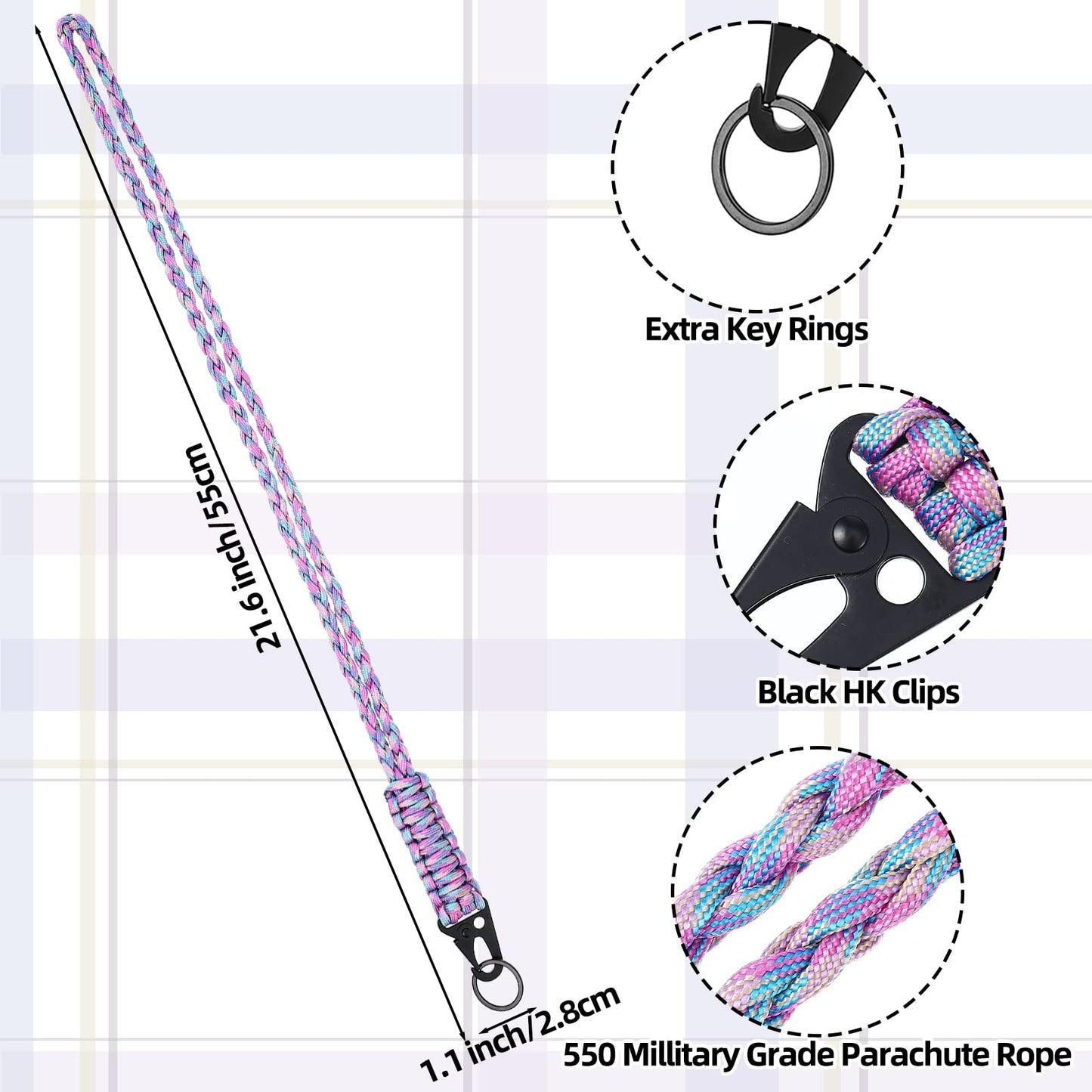 Frienda 2 Set Heavy Duty Paracord Lanyard Necklace Whistles Strap Braided 550 Keychain Lanyard for Outdoor Activities (Blue, Red, Purple)