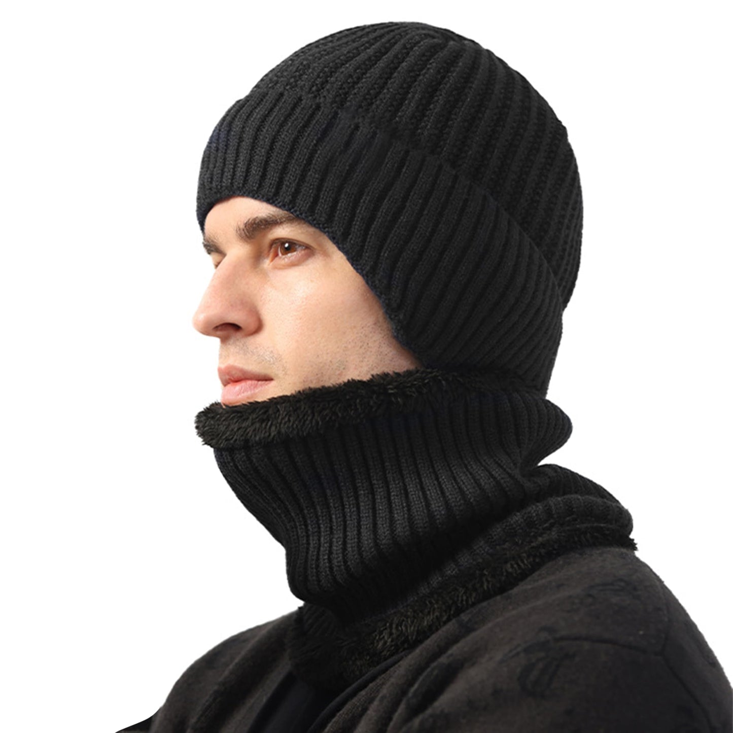 Winter Beanie Hat Scarf for Men and Women,Warm Fleece Winter Hats and Neck Scarf Set,Christmas Gifts for Unisex Adult,Thick Lined Knit Winter Hat Scraf,Black