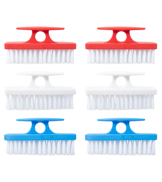 Superio Nail Brush Set (6 Pack) Cleaner with Handle, Durable Brush Scrubber to Clean Toes, Fingernails, Hand Scrubber All Surface Cleaning, Heavy Duty Scrub Brush Stiff Bristles (Red- White- Blue)
