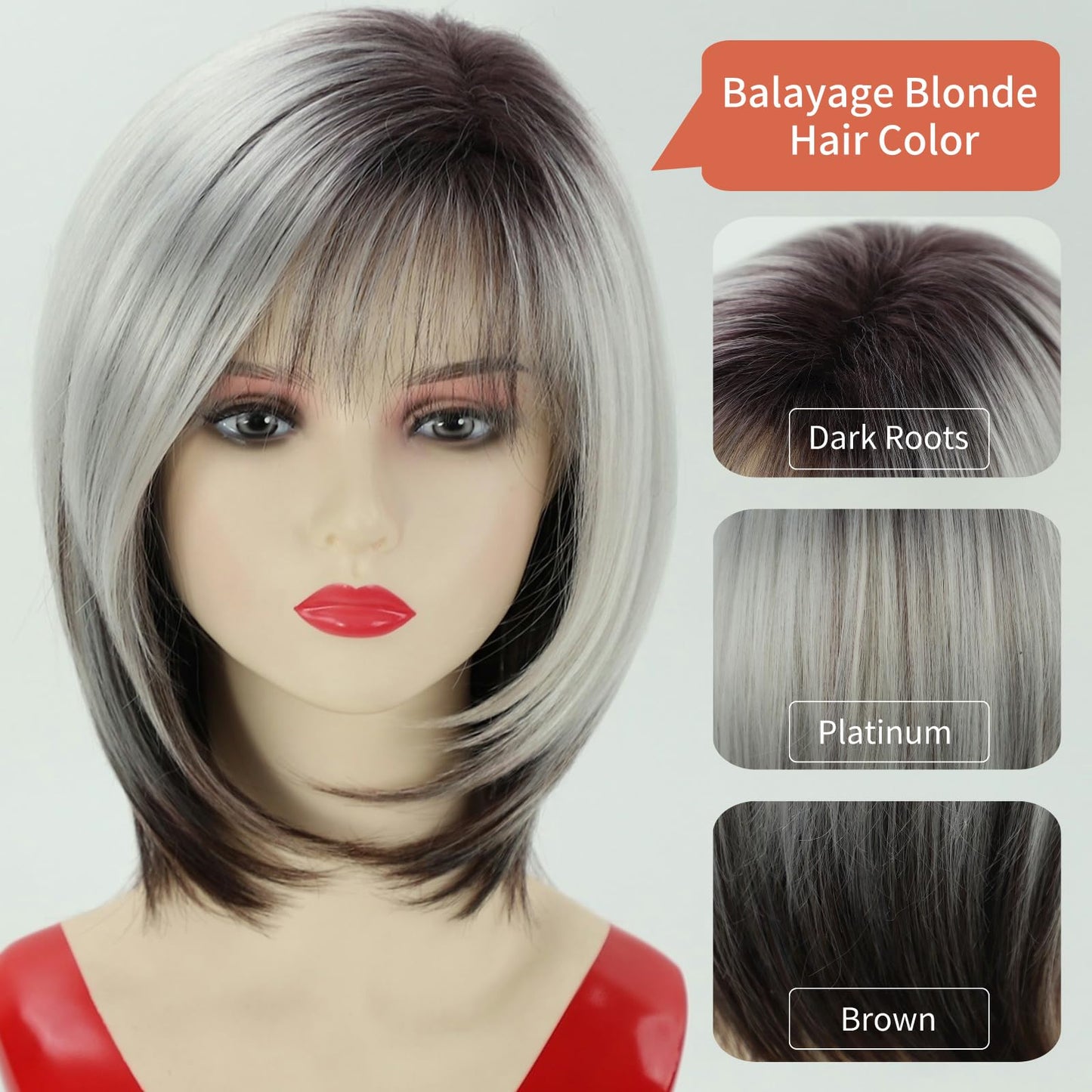 RENERSHOW Medium Length Bob Wig with Bangs for White Women Layered Blonde Balayage Bob Straight Hair Wig Natural Synthetic Hair Replacement Wig Ombre Platinum with Brown Wig