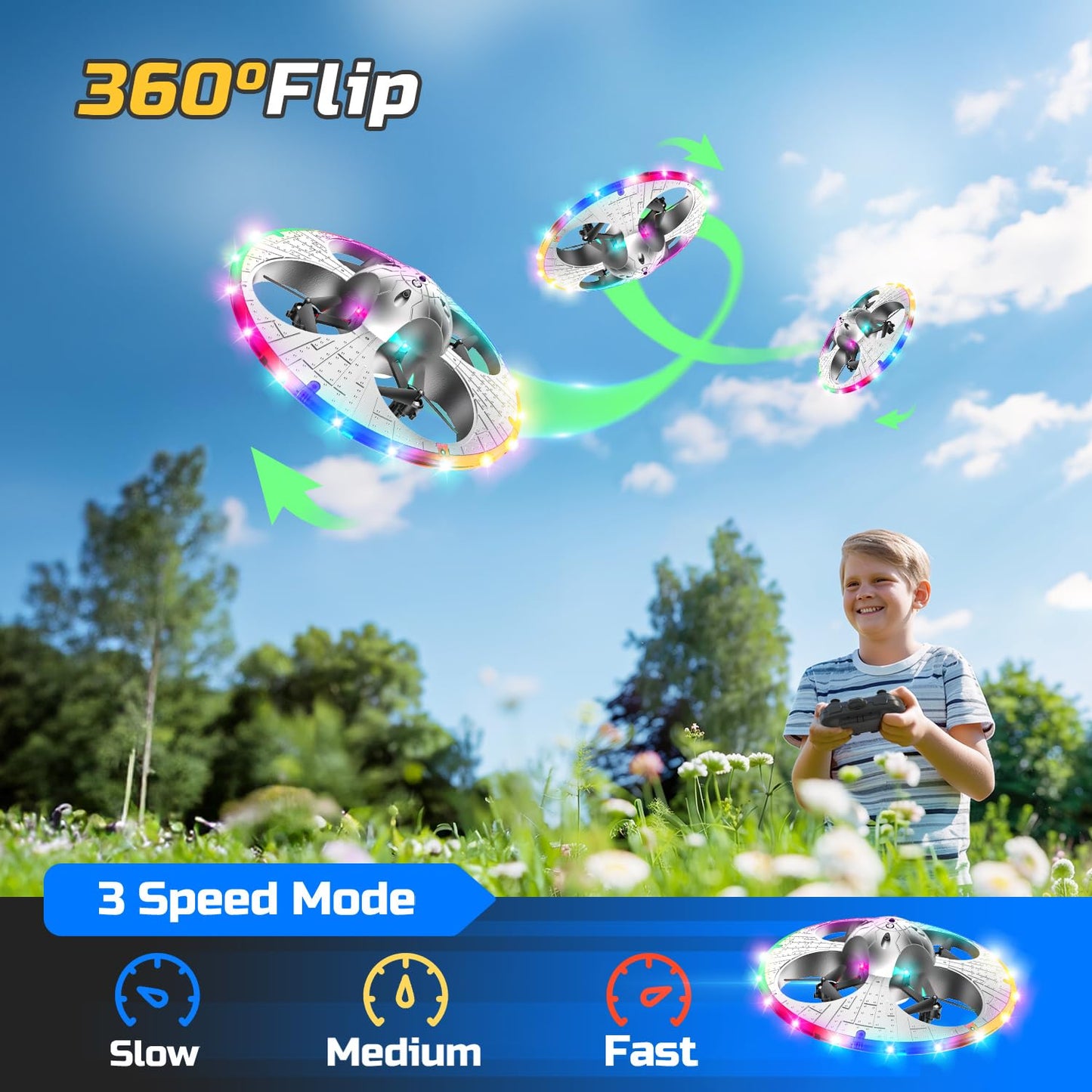 Foam UFO Drone for Kids–RC Plane with Colorful LED Lights, Remote Control Helicopter with Auto Hover, 2 Batteries (15 Mins Flight)