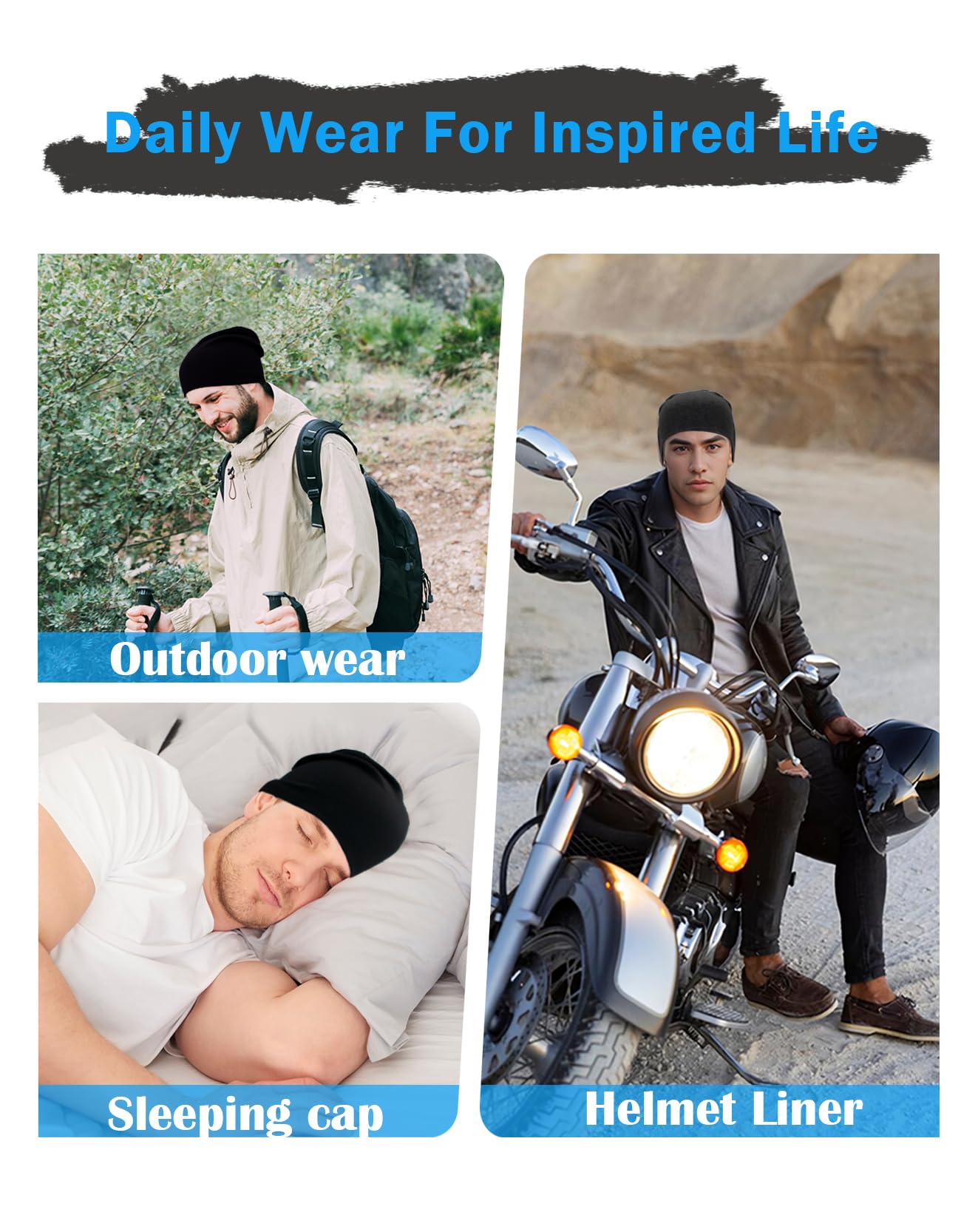 JHYWELL Cotton Beanie Hat Slouchy Jersey Soft Hats Skull Caps Lightweight Sleep Cap Summer Running Beanies Light Weight Chemo Hat for Men and Women (Black & Heather Grey)