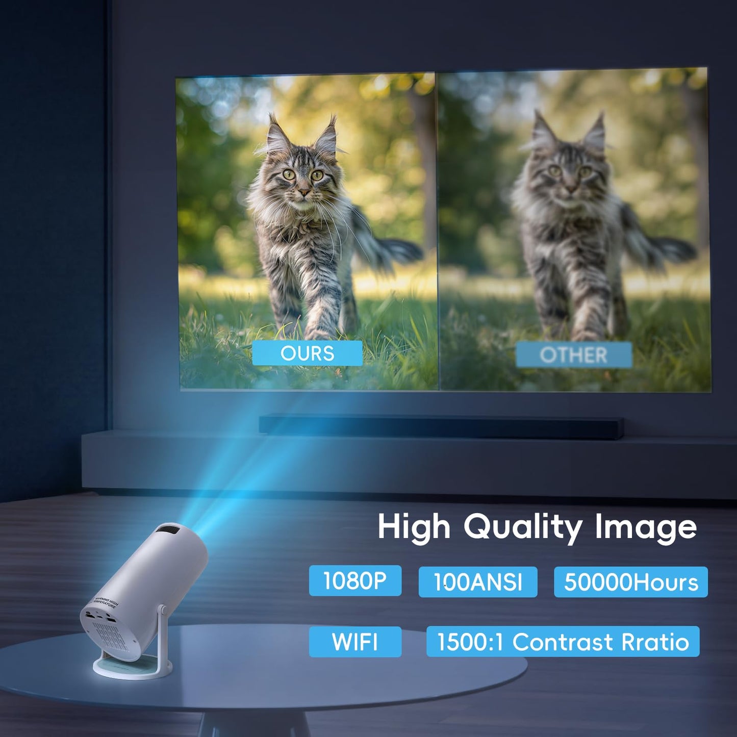 HY300 Portable Mini Projector with WiFi & Bluetooth, 4K Compatible, Native 480P, 100 ANSI Lumens,180° Rotation, HDMI, USB, Remote, Home Video Projector for Phone/TV Stick/PC/PS5
