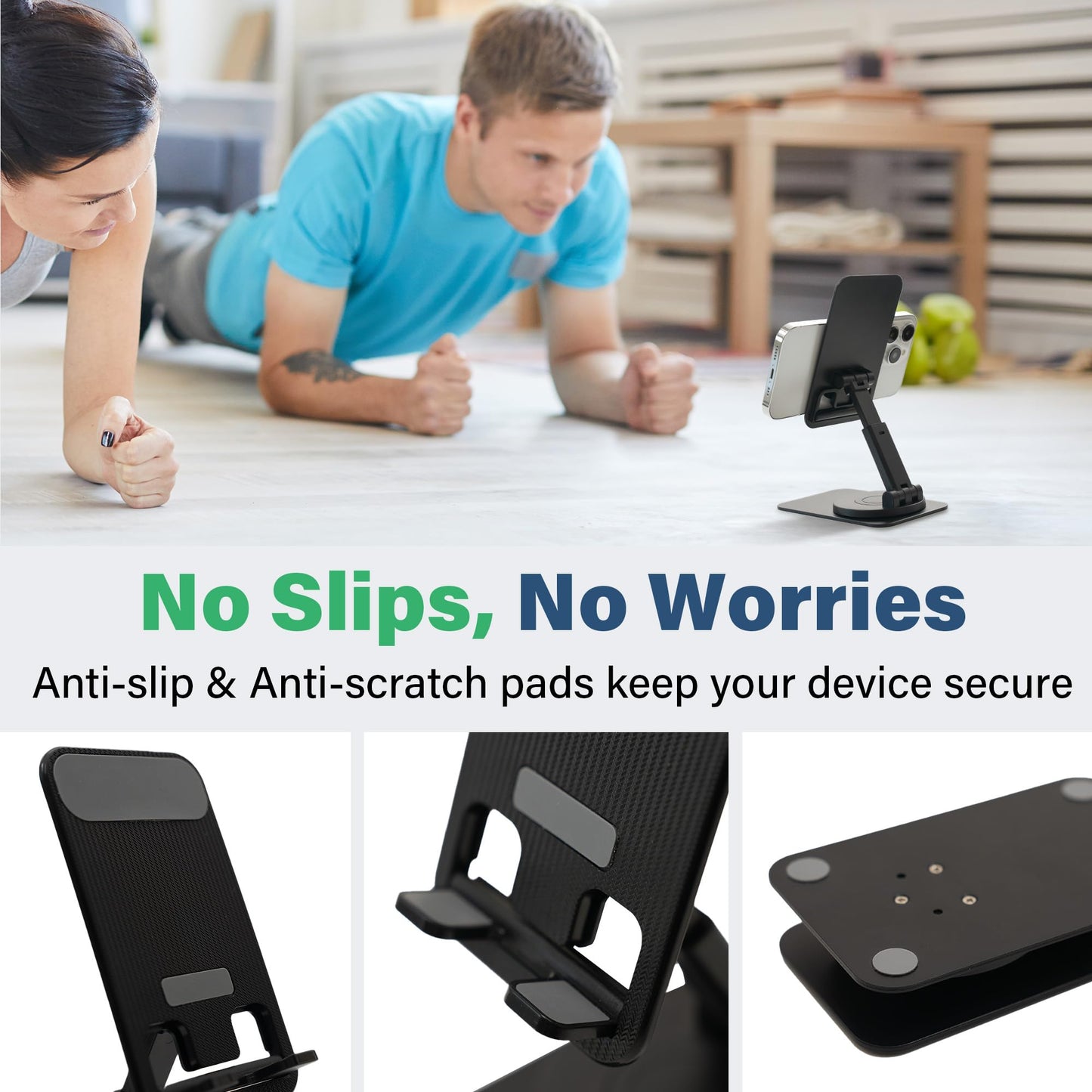 SenseAGE Rotatable Cell Phone Stand, Adjustable Folding Cell Phone Stand for Desk, Home Office Mobile Stand, Desktop Phone Holder, Compatible with iPhone&Smart Phones Accessories (Black)