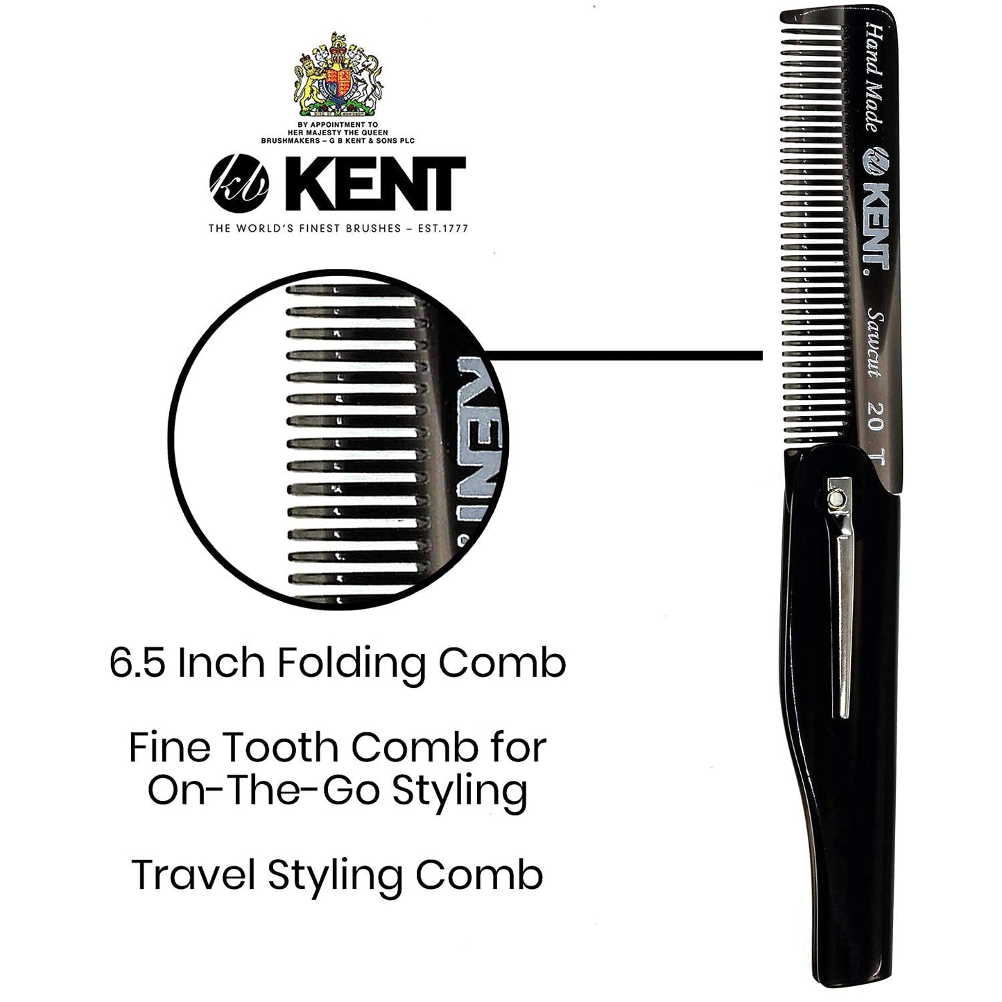 Kent 20T Handmade Folding Pocket Comb for Men, Fine Tooth Hair Comb Straightener for Everyday Grooming Styling Hair, Beard or Mustache, Use Dry or with Balms, Saw Cut Hand Polished, Made in England