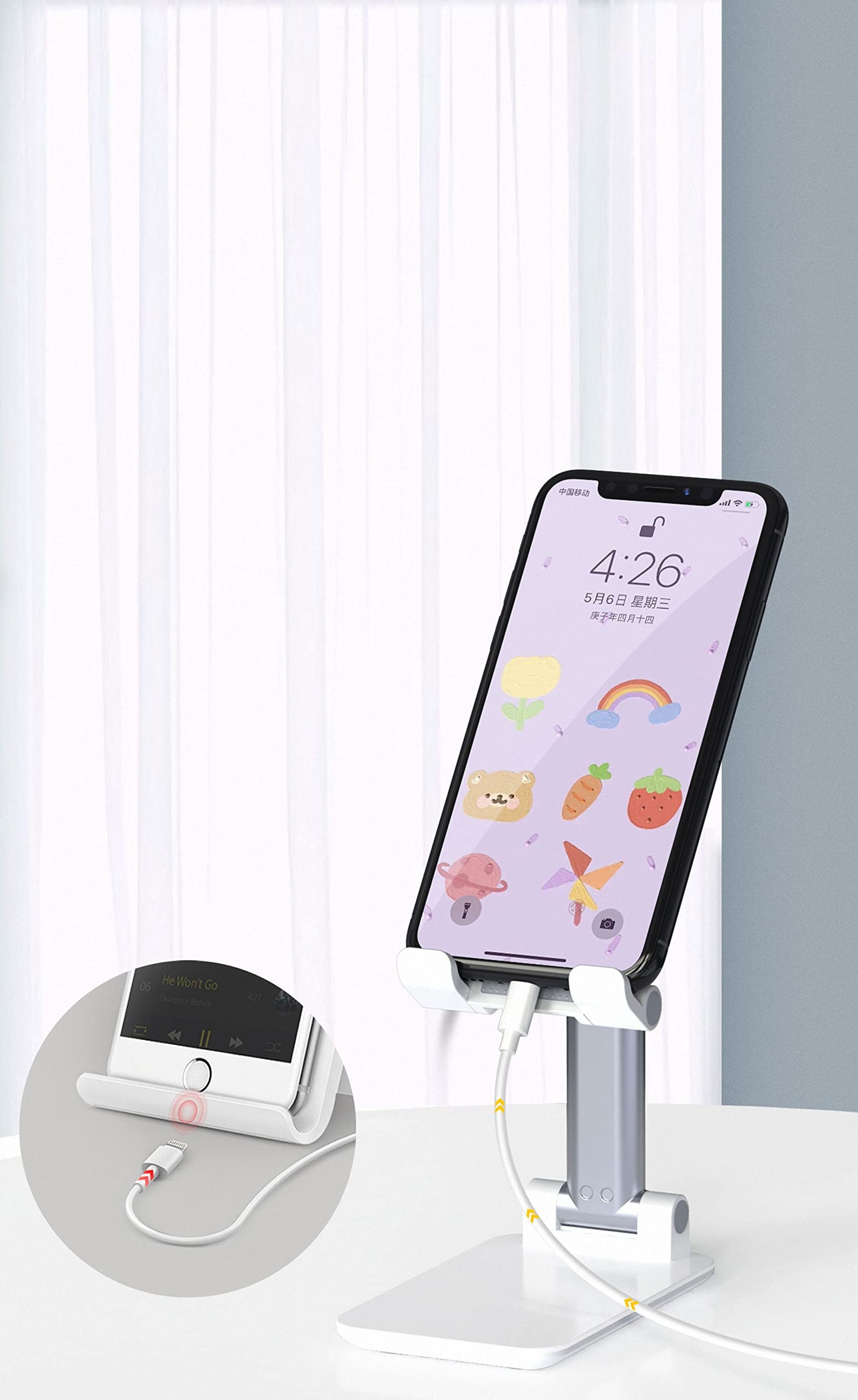 Adjustable Phone and Tablet Stand with Silicon Pad, Portable Foldable Design, Cell Phone Stand for Desk Fully Forldable Mobile Phone Holder Compatible with All Mobile Phones (White)