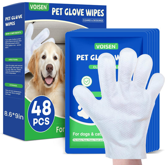 VOISEN 48 Pcs Pet Glove Wipes for Dogs and Cats, Cleaning & Deodorizing Bathing Grooming Wipes,Unscented Thick Nourish Fur Glove Wipes for Pet Dry Cleaning,Daily Care and Travel