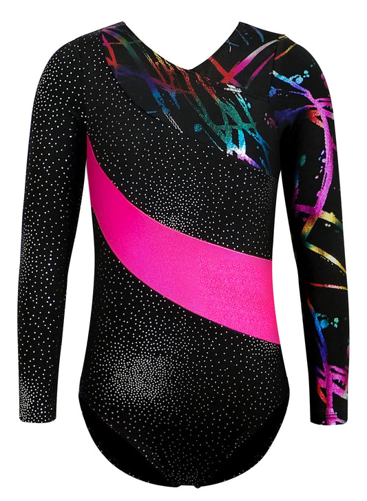 HOZIY 4t Gymnastics Leotards for Girls Long Sleeve Black Pink 5t 4-5t Fall Winter Dance Outfits Bodysuits Sparkly Unitard Colorful Ribbons Multicolored