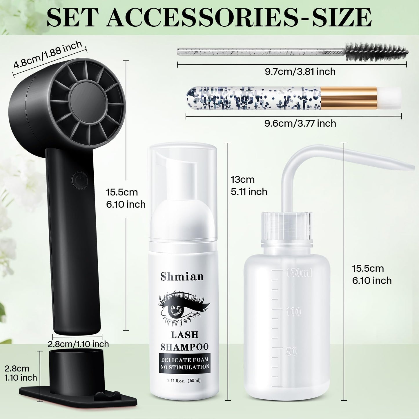 Shmian Professional Eyelash Shampoo & Cleanser 60ml - Gentle Lash Extension Cleansing Foam with Mascara Brush Kit, Handheld Fan - Safe Lash Bath Care for Long-Lasting Volume (Black Fan kit)