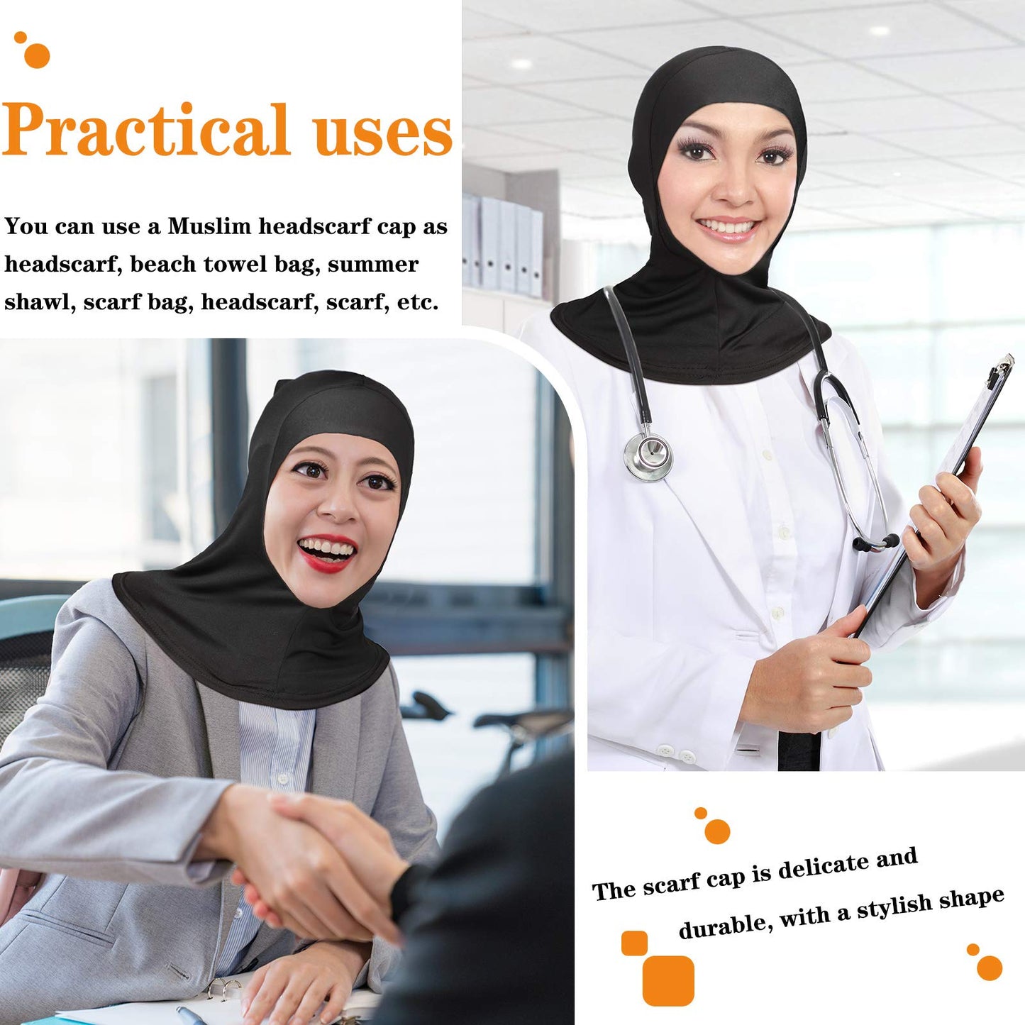 2 Pieces Modal Hijab Cap Adjustable Muslim Stretchy Turban Full Cover Shawl Cap Full Neck Coverage for Lady (Black)