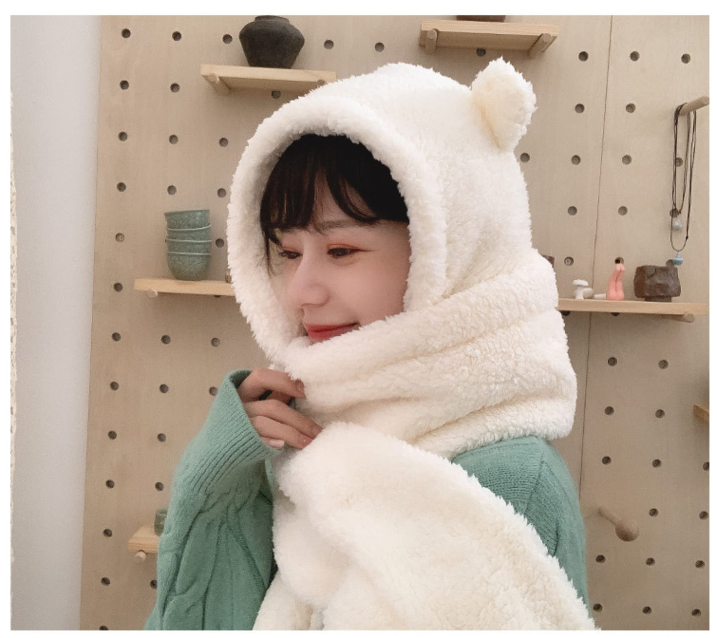 Women Kawaii Bear Ear Beanie Hat Scarf 2 in 1 - Cute Winter Warm Sherpa Thicken Fleece Fuzzy Japanese Fluffy Knit Hat Cap (White)