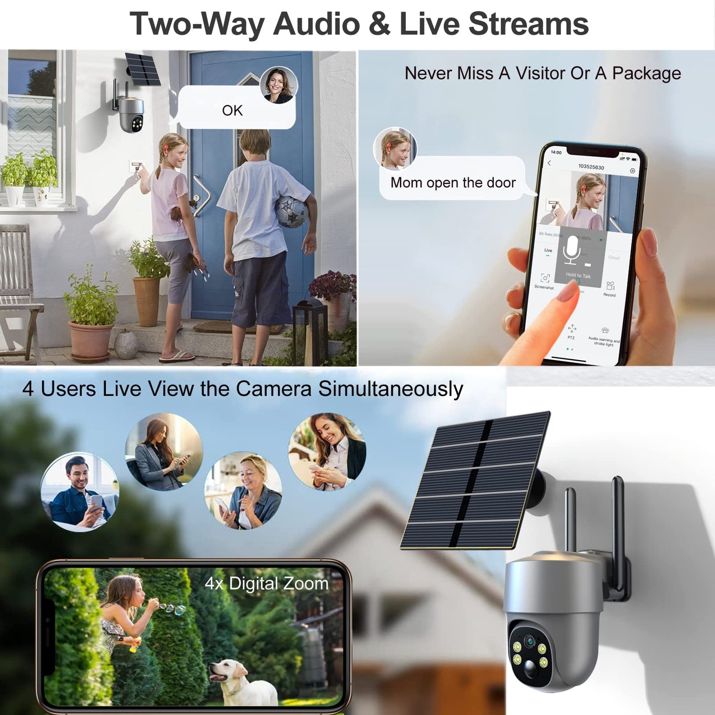 Xparkin Solar Security Cameras Wireless Outdoor, Mulit-Functional Home Security WiFi Camera with PIR Motion Detection & Floodlight, Weatherproof for Garden Front/Back Yard (2.4G WiFi Camera Grey)