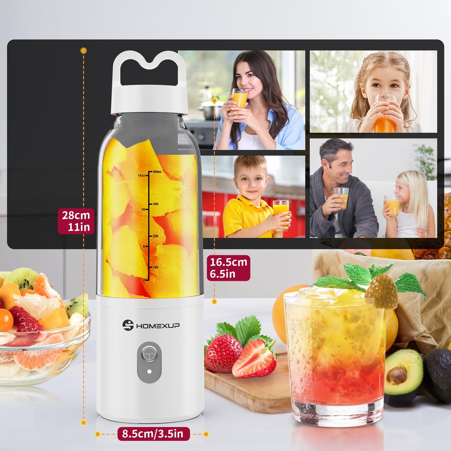 2PCS Portable Personal Blender 17 OZ/500 ML Juicer, 175W Personal Size Blender, Ideal for Smoothies, Ice Blending, Juicing, and Food Processing, Compact, Convenient, and Versatile（Blue&White）