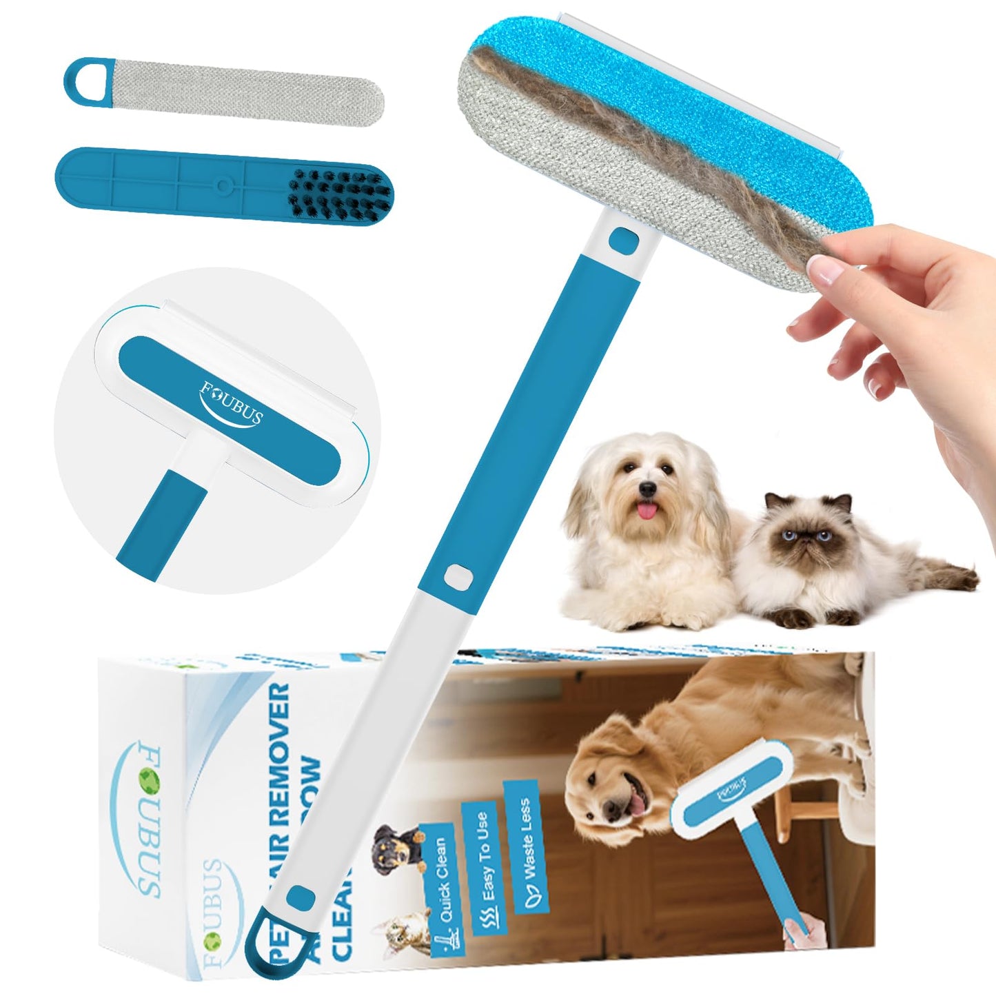 Multifunctional Pet Hair Remover Tool, 4 in 1-Reusable Washable Long Handle Dog&Cat Fur Hair Remover for Furniture,Carpet,Couch,Clothes,Bedding,Car,Window,Better Than Lint Rollers, with 2 Scrapers