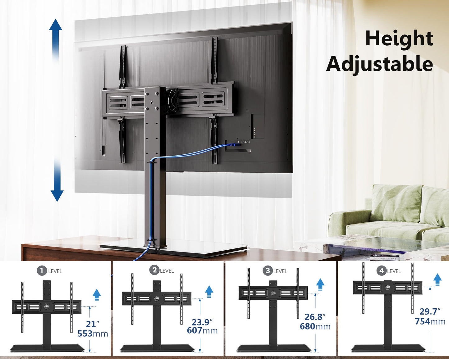 FITUEYES Universal TV Stand with Swivel Mount for 50-85 inch Flat Screens - Height Adjustable Tempered Glass Base Holds up to 143 lbs