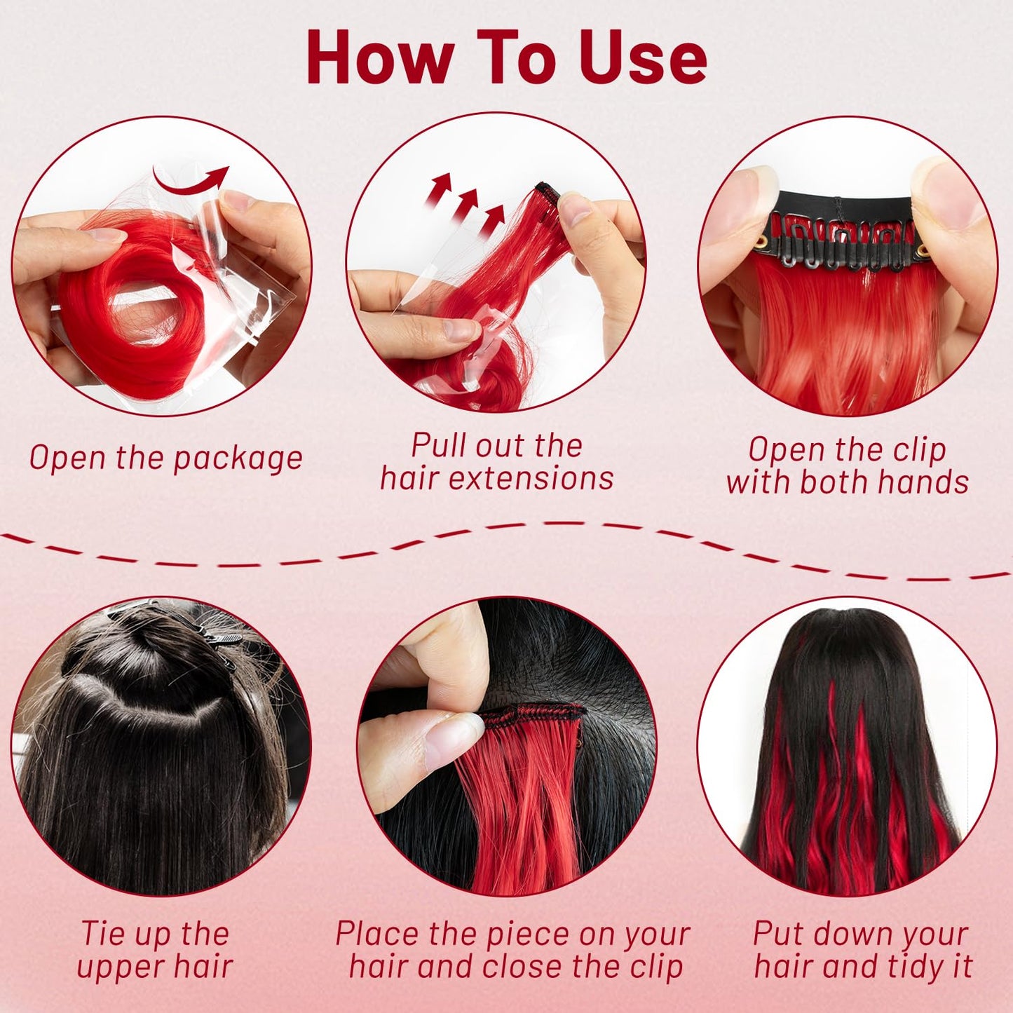 TOFAFA 16 Pcs Colored Hair Extensions Curly Wavy Clip in Synthetic Hairpiece Streak for Girls Women Kids,Multi-colors Party Highlights Cosplay Festival Gift(Red)