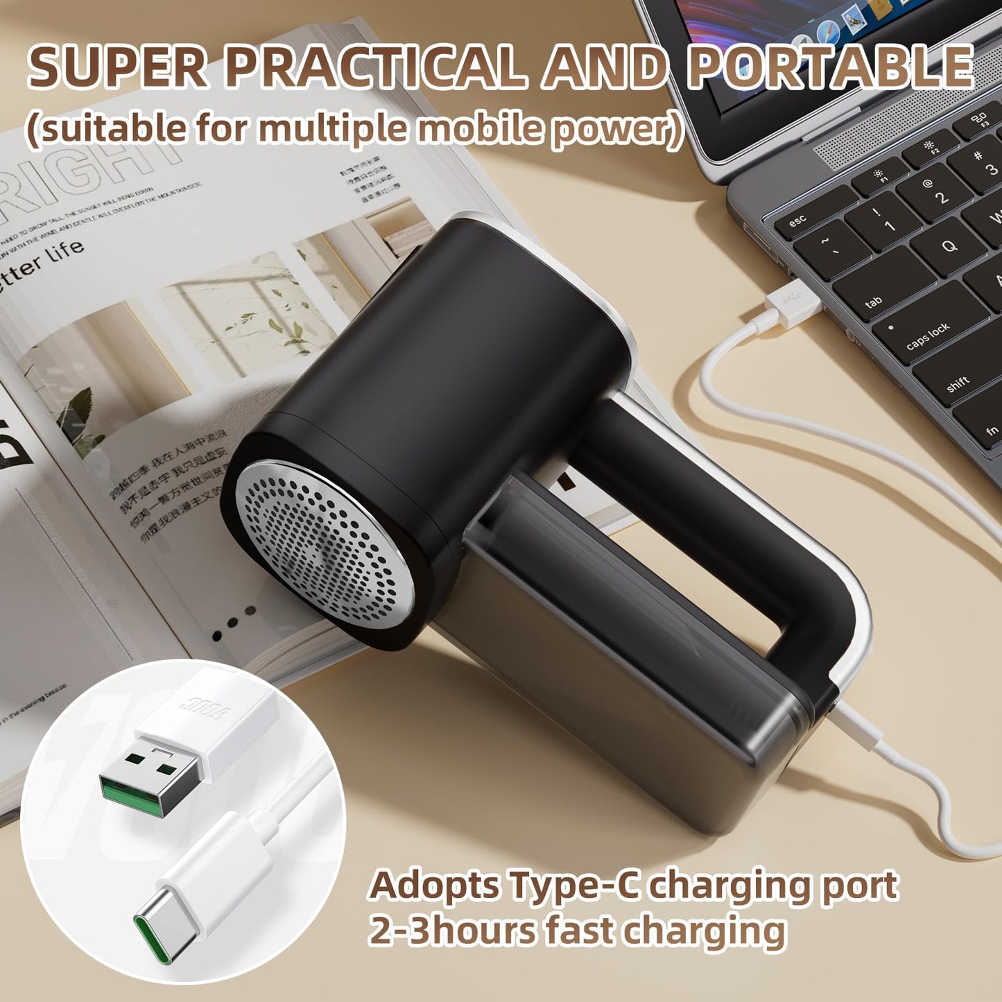 Rechargeable Lint Remover, Fabric Shaver Fuzz Remover, Sweater Shavers with 6-Leaf Blades, 3-Speeds Digital LED Display to Remove Pilling for Clothing and Furniture, Lint Ball, Black&Silver