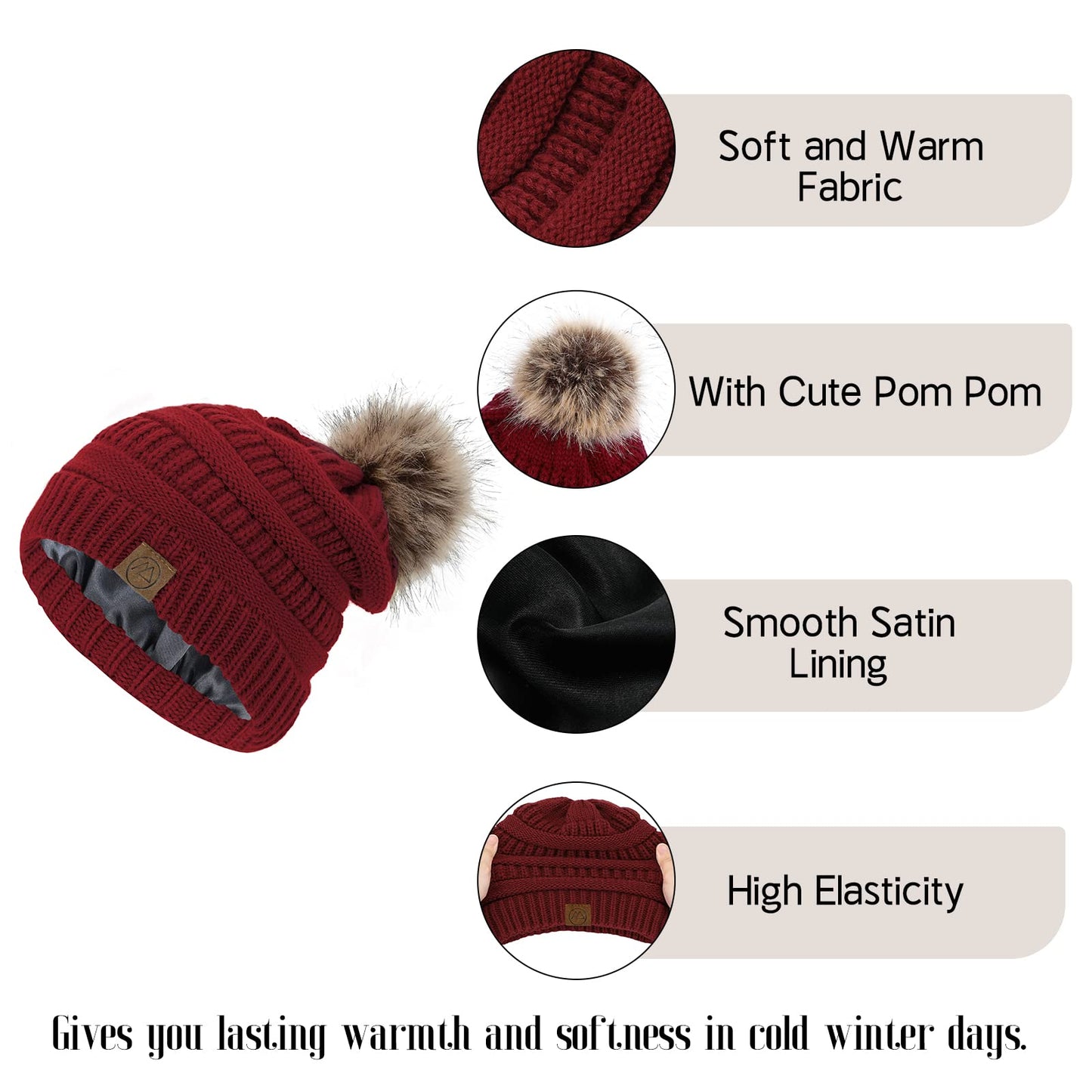 American Trends Beanies Women Winter Hats for Women Satin Lined Slouchy Beanie with Pom Pom Winter Warm Cable Knit Snow Ski Hat Burgundy