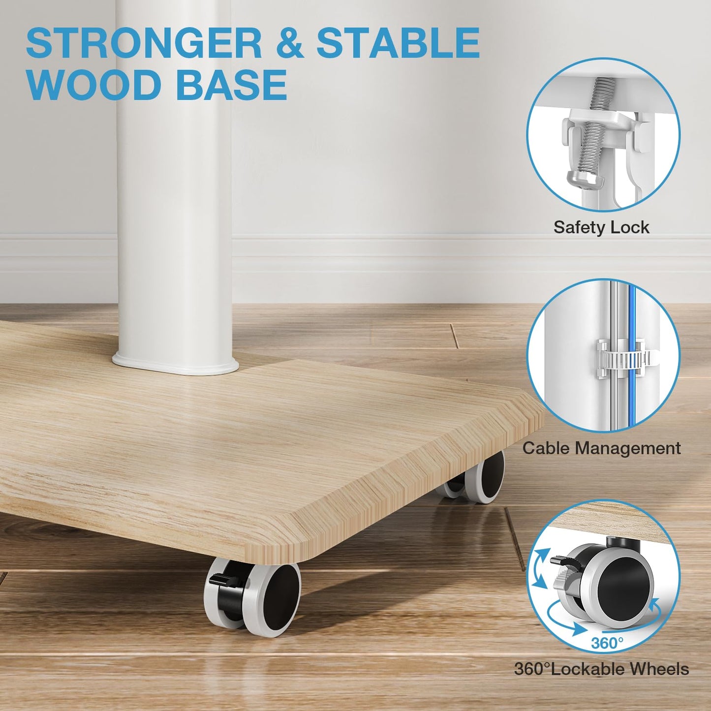 YOMT Portable Floor TV Stand on Wheels for 32-70 Inch TVs, Tall Universal Rolling TV Stand with Swivel Mount, Elegant Lockable Mobile TV Cart with Wood Base for Living Room, Bedroom, Dorm (White)