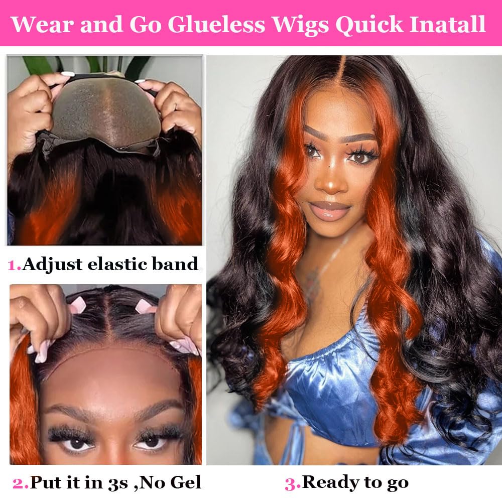 200% Density Wear And Go 9x6 Glueless Wigs Human Hair Pre Plucked Pre Cut For Beginners Ginger Body Wave Lace Front Wigs Human Hair For Black Women HD Lace Closure Colored Glueless Wig(22 INCH)