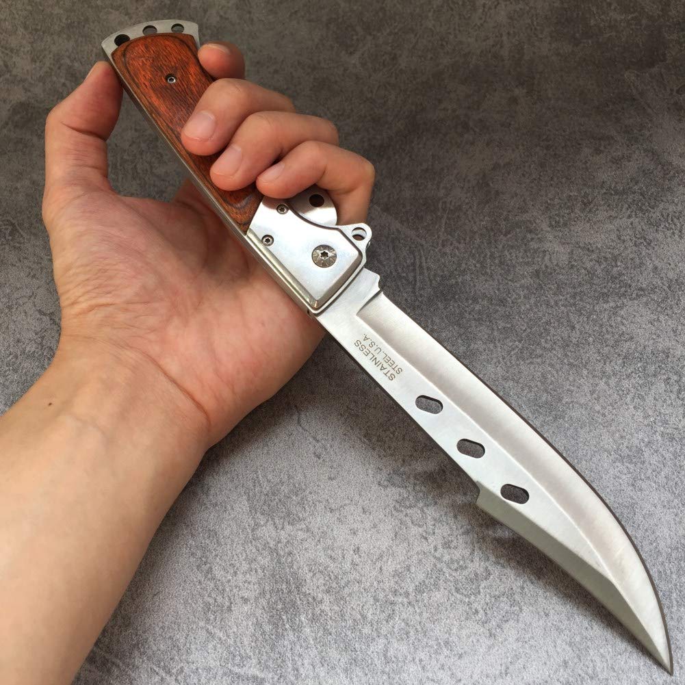 XHM Awesome Folding Knife Large 10.8-inch, Pocket Knives for Men, Hunting, Camping, Fishing, Survival, Hiking, Self Defense, Wood Handle (with Nylon Sheath)