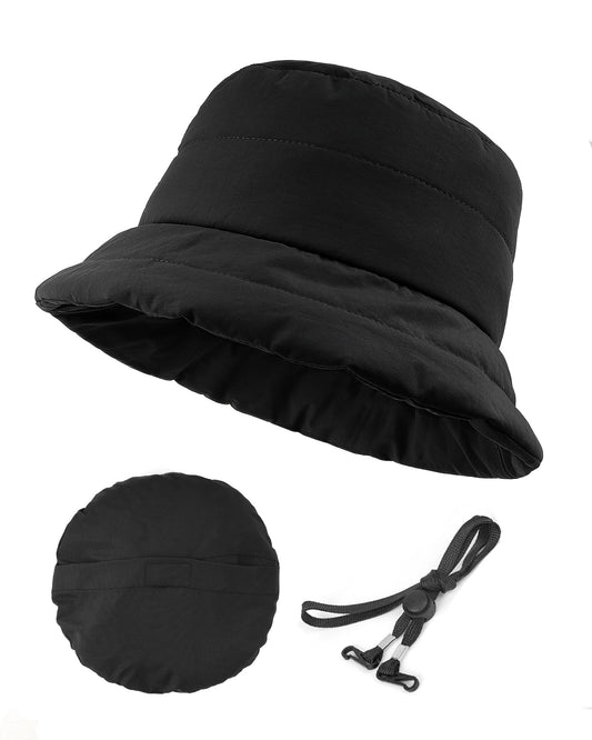 Zylioo XXL Winter Bucket Hat Foldable,Oversize Collapsible Warm Travel Hat,Large Fishing Hat for Big Heads Windproof Black