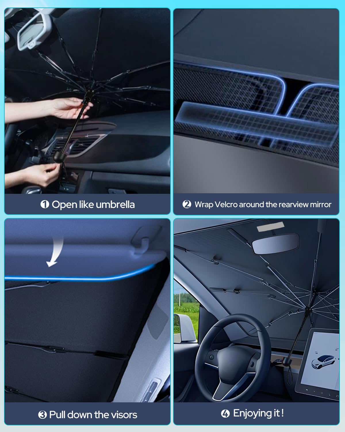 [2025 Upgrade] Retractable Windshield Sun Shade for Car, Umbrella Sunshade for Car Windshield Protect Vehicle from Sun Rays & Heat Damage Medium (57" x 33")