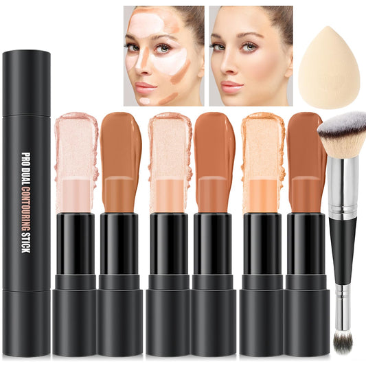 6 Colors Cream Contour Stick Makeup Kit, Primer Face Highlighter Contouring for Beginners, Highlight and Contour Kit, Cream Concealer Makeup Blush Stick, Primer Face Corrector (SET B)