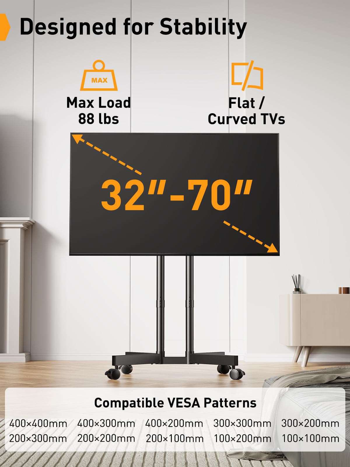 Perlegear Rolling TV Stand, Mobile TV Stand with Wheels for 32-70 inch TVs, Height Adjustable Mobile TV Cart with -15° to +5° Tilt, Rolling Cart for 4K TV Max VESA 400x400mm up to 88lbs, PGTVMC14