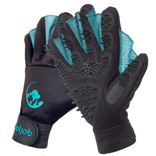 COOLJOB Patented Pet Grooming Gloves with Web, Reusable Washable Cleaning Brush Massage Hair Remover for Short Long Haired Dog Cat Horse Animal, Washing Bathing Shedding Supplies, Medium, Blue Black