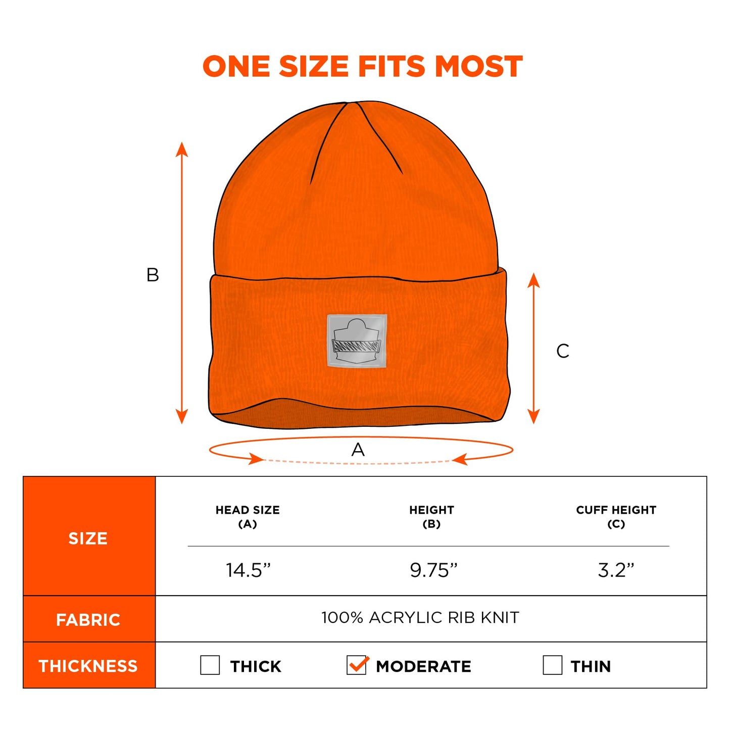 Ergodyne Standard Cuffed Rib Knit, Orange, One Size