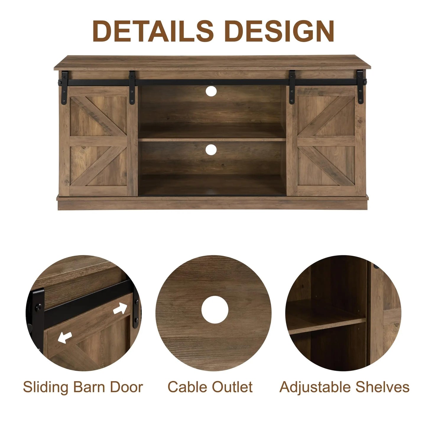 SANODESK 58" Farmhouse TV Stand and Entertainment Center for Televisions up to 65 Inchs,with Sliding Barn Doors and Storage Cabinets,Natural Brown