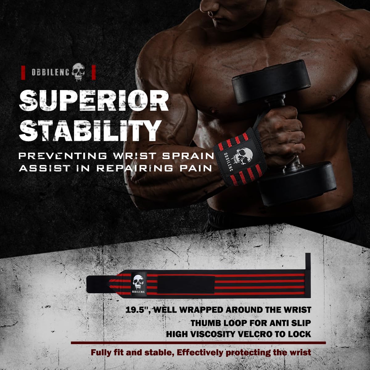 OBBILENC Gym Wrist Wraps, Weightlifting Wrist Straps for Men and Women, Heavy Duty Elastic Cotton Wrist Support Straps for Weight Lifting, Strength Training, Gymnastics and Bodybuilding, Glory Red