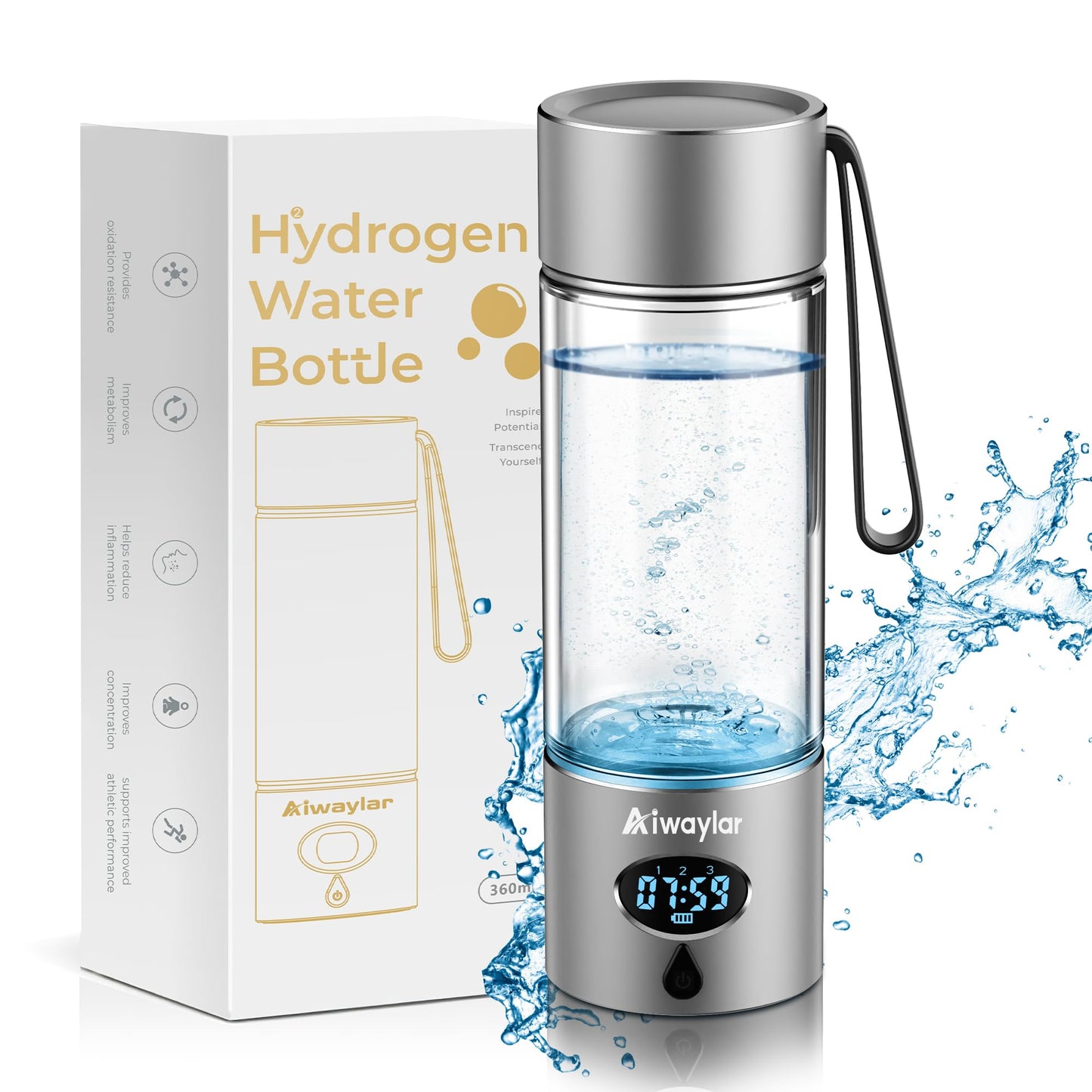 Hydrogen Water Bottle - Portable, Rechargeable, LED Timer,3 Work Mode, 5000PPB,Aluminum and Glass,360ML,Hydrogen Water Ionizer Machine with PEM/SPE Technology, Suitable for Office,Home,Gym Outdoor