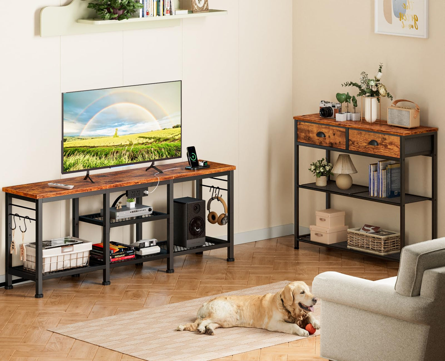 Furologee TV Stand with Power Outlets, Entertainment Center with Open Storage Shelves for TVs up to 55 Inch, Media Console Table with Soundbar Shelf for Living Room, Bedroom, Rustic Brown