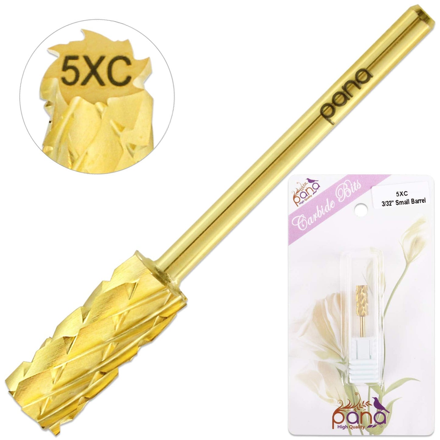 USA PANA Professional 3/32" Shank Size - Flat Top Small Barrel Carbide Bit - 5X Coarse Grit to Extra Fine Grit - Gold, Silver, DLC Black - Nail Drill Bit for Dremel Machine (5X Coarse, Gold)