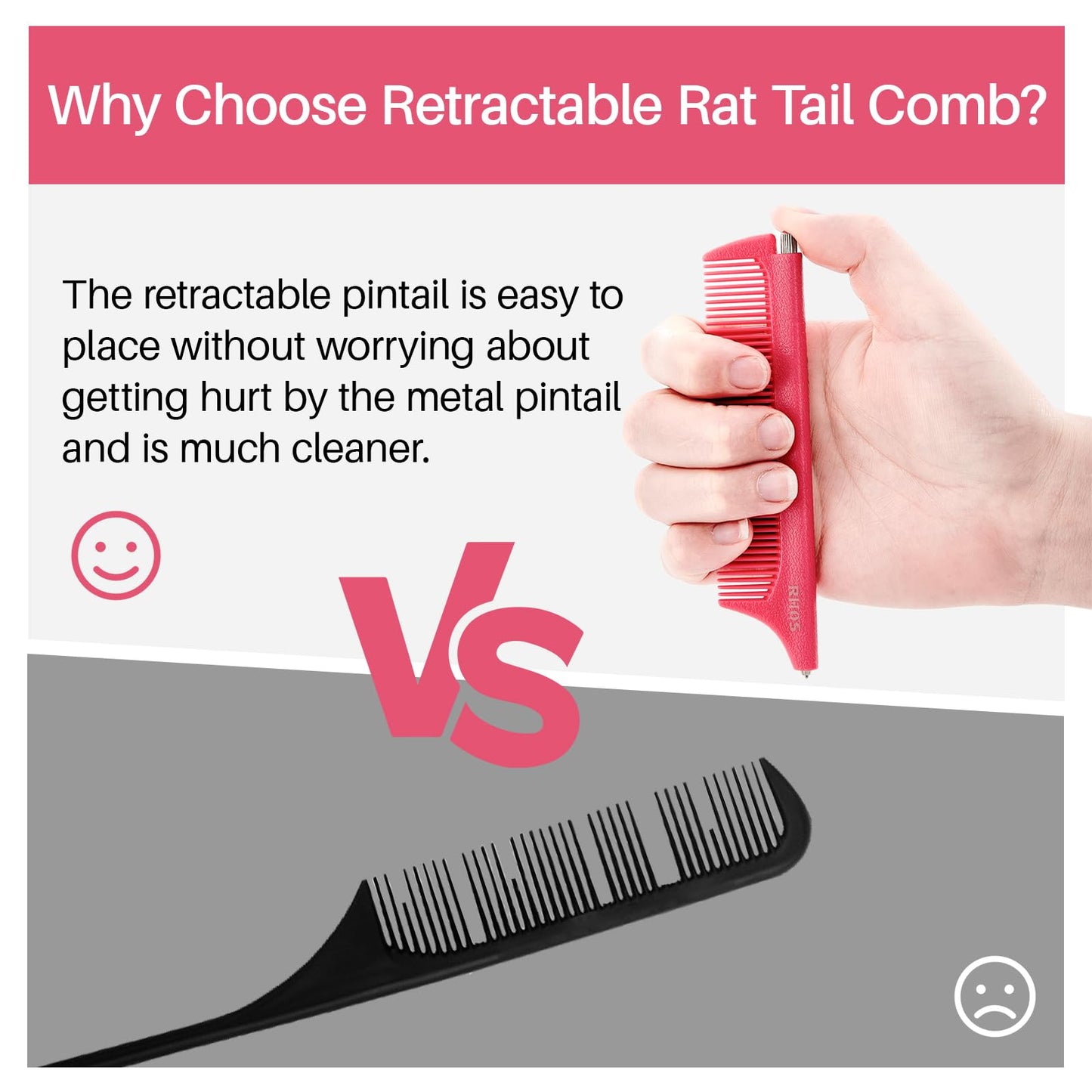 RHOS Retractable Fine Tooth Comb for Hair Parting, Styling, Cutting and Braiding - Carbon and Stainless Steel Pin Tail Comb (Pink)