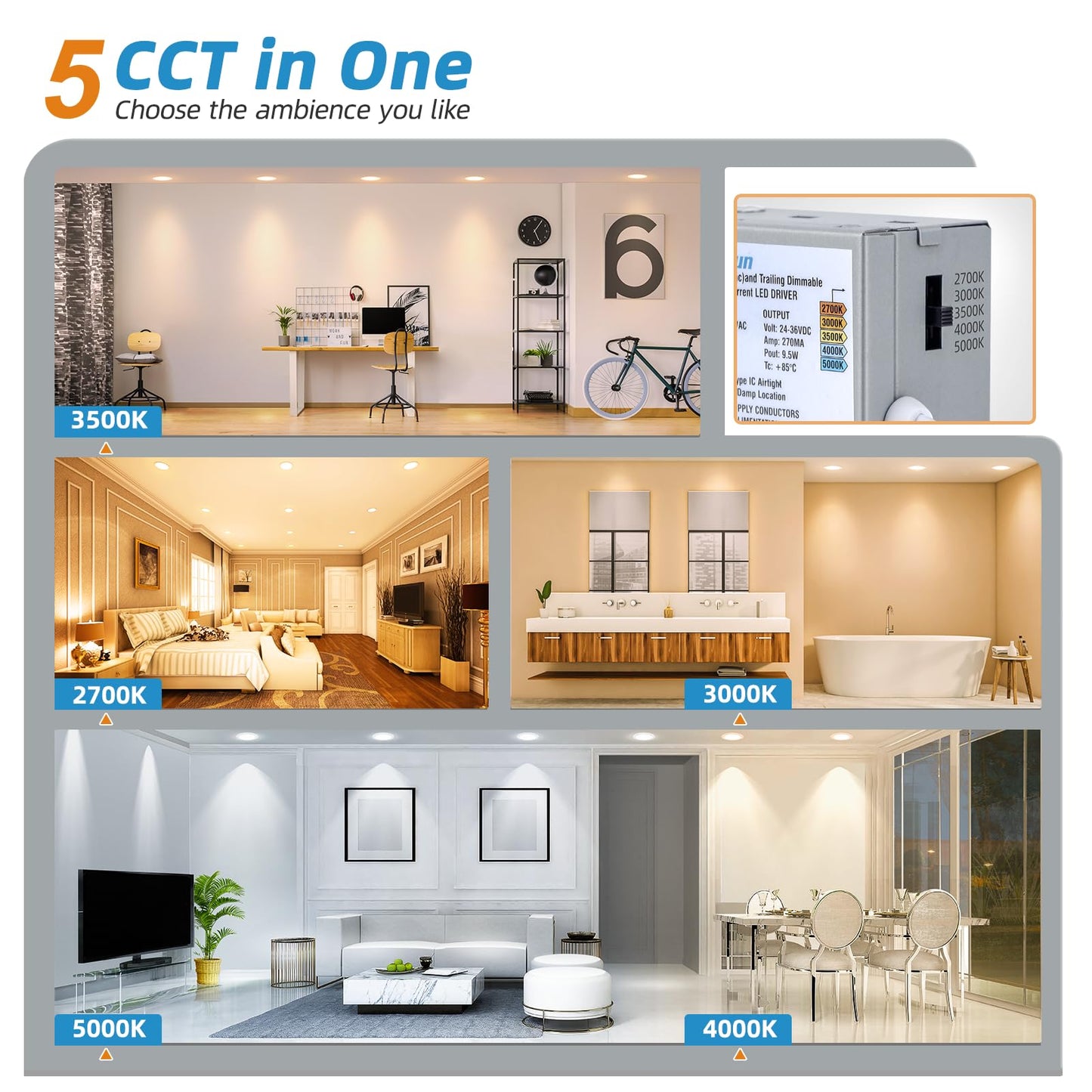 VOLISUN 12 Pack 6 Inch 5CCT Recessed Light with Night Light,Canless LED Recessed Lighting 6 inch,2700K-5000K Selectable,12W=130W,1080LM Dimmable Recessed Ceiling Wafer Lighs,ETL Certificated