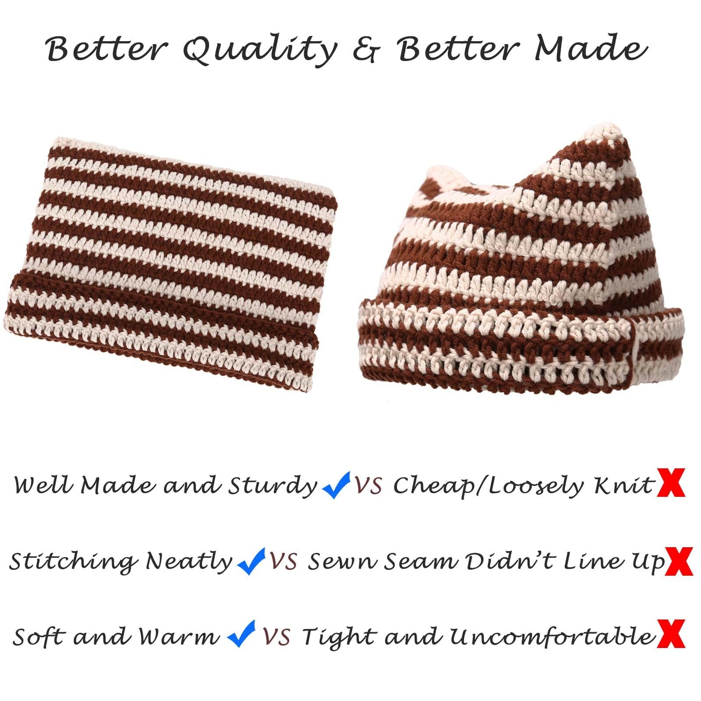 CATMICOO Y2k Beanie Knit Cat Ear Beanies Crochet Hats for Women Brown