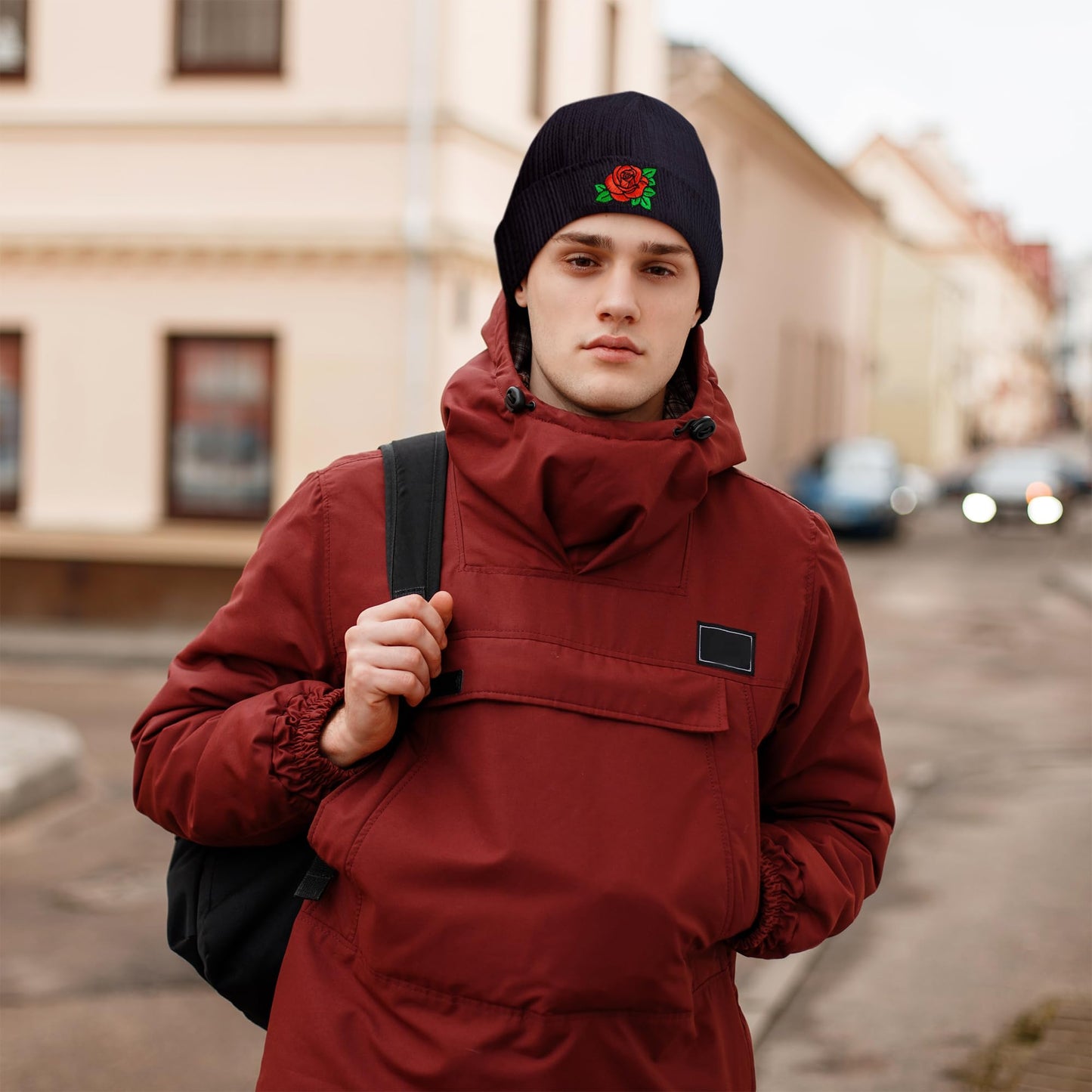 Beanie Hats for Men Unisex Rose Embroidered Women Acrylic Winter Cuffed Knit Warm Ski Hats Green Black