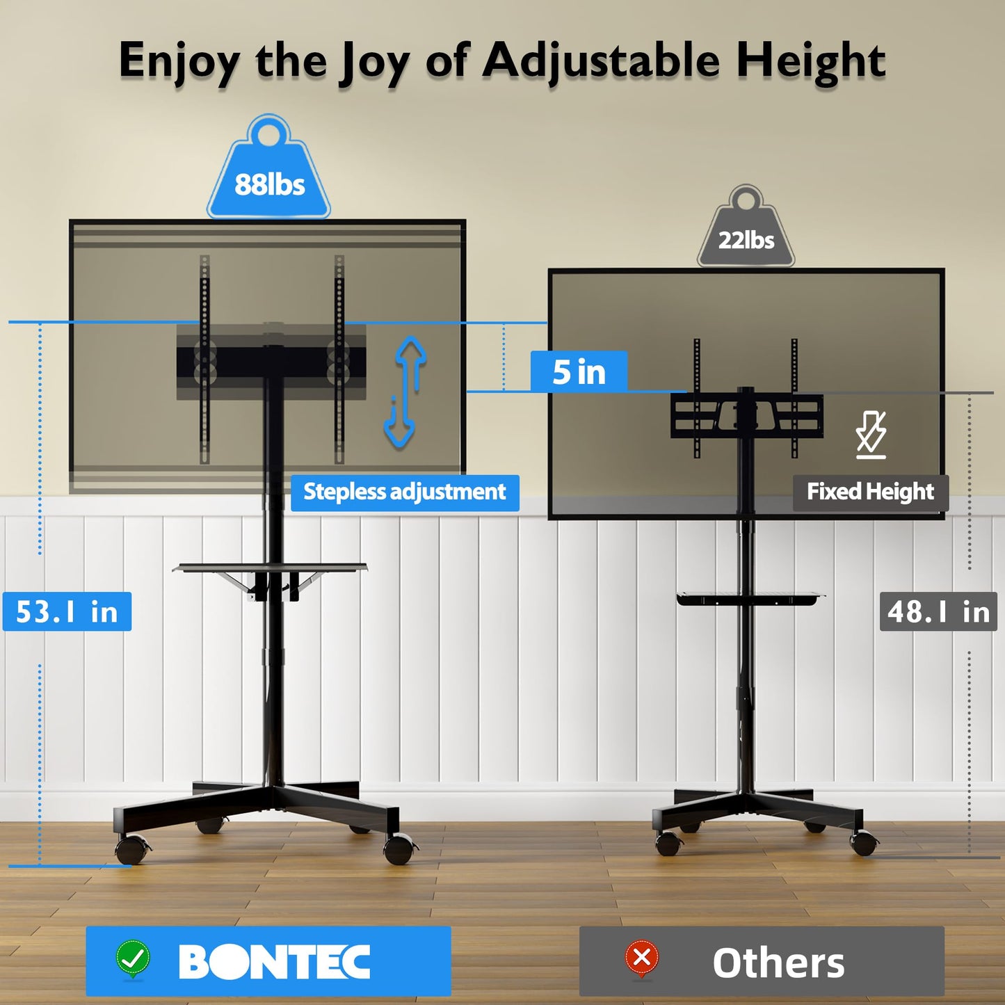 Mobile TV Cart for 23-60 Inch LED LCD Flat Curved Screens TVs, Rolling TV Stand with Locking Wheels Holds Up to 88lbs, Height Adjustable Portable Floor Stand with Media Shelf Tray, Max VESA 400x400mm