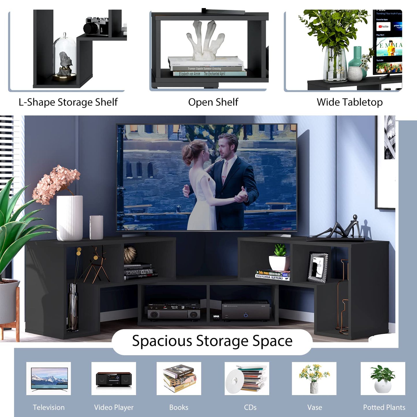 Tangkula 3 Pieces Console TV Stand, Free-Combination Entertainment Center for 50 55 60 65 Inch TV, Minimalist Modern TV Media Stand, DIY Open Storage Bookcase Shelf for Living Room (Black)