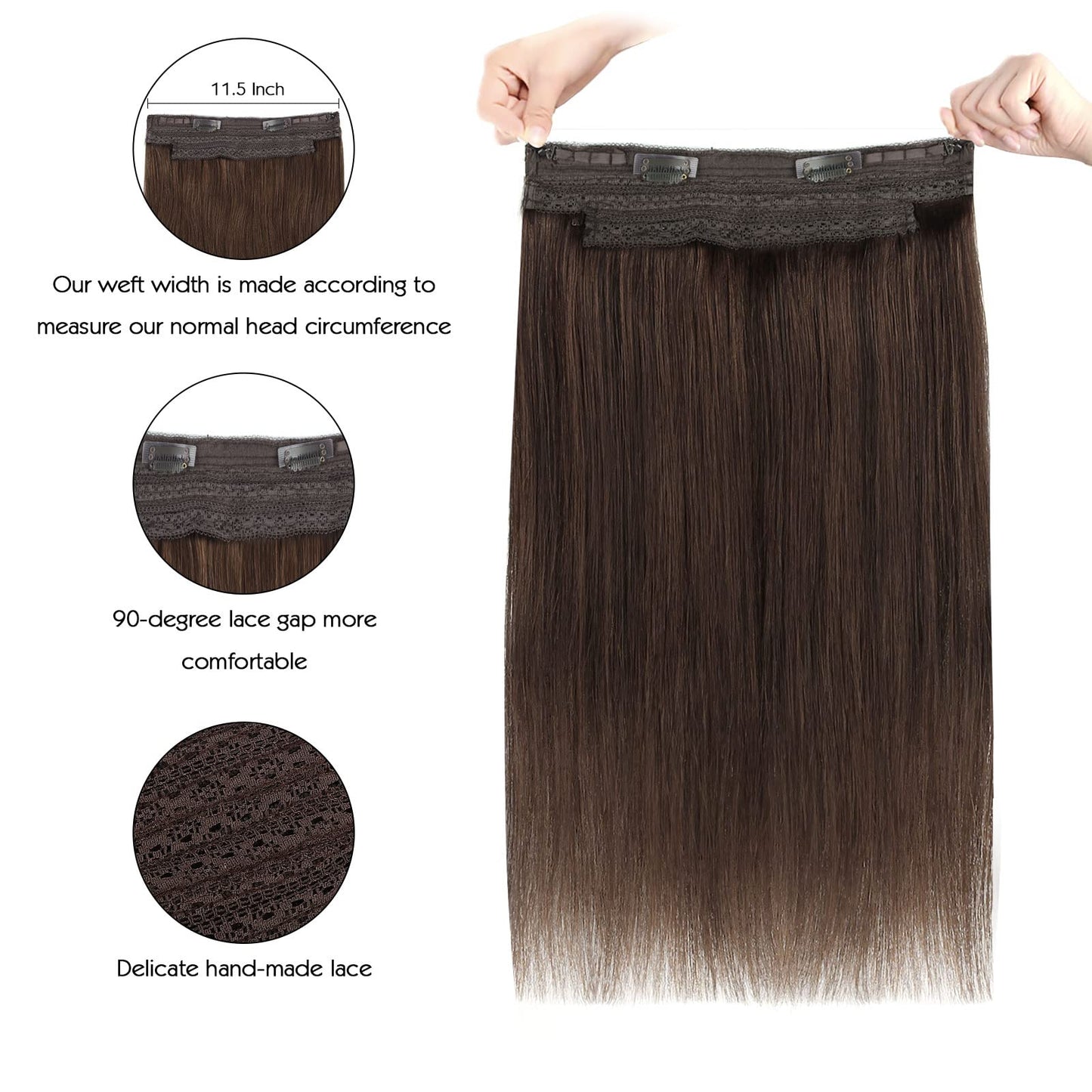 Sassina Invisible Wire Hair Extensions Real Human Hair with Transparent Wire Adjustable Size Secure Clips Natural Straight Secret Miracle Hairpiece, #4A Light Medium Brown 12 Inch 70 Gram