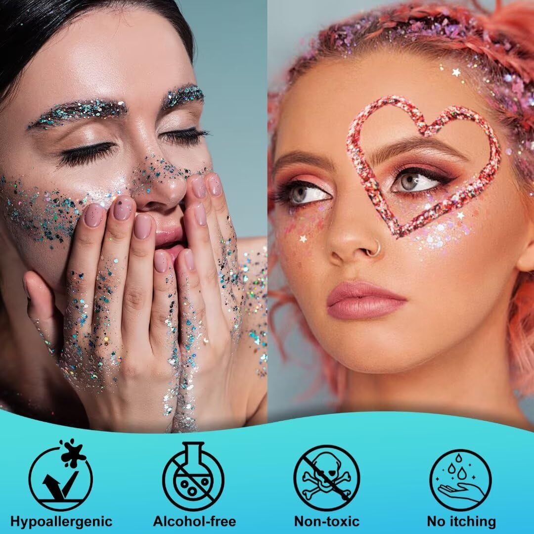 Drawdart Light Blue Face & Body Glitter,Chunky Glitter for Face Body Eye Lip Hair,Singer Concerts Iridescent Face Paint Glitter Makeup 50ml,Easy Application & Removal