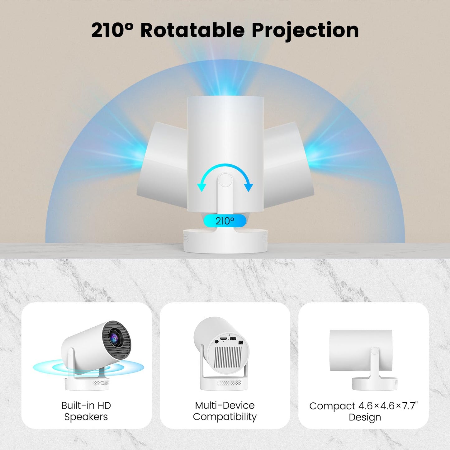 【Electric Focus】Mini Portable Projector with 4K Support, Bluetooth 5.4 WIFI6, 5watt Sound Base Speaker, 260 ANSI, Android 11, 210° Rotation , Auto Keystone Correction Video Projector HY300 PLUS
